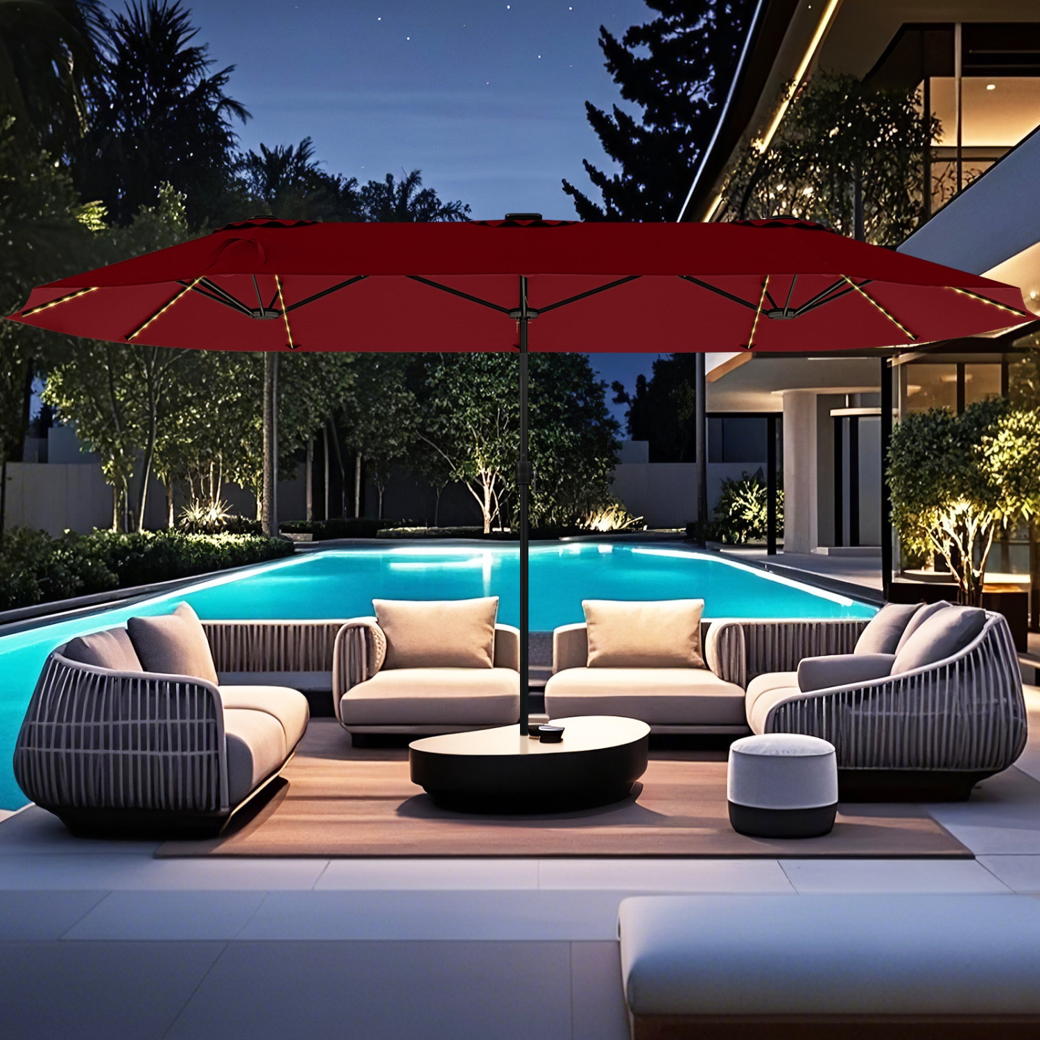 Gymax 15.5 FT Double-sided Patio Umbrella w/ Solar Lights Outdoor Twin Size Umbrella