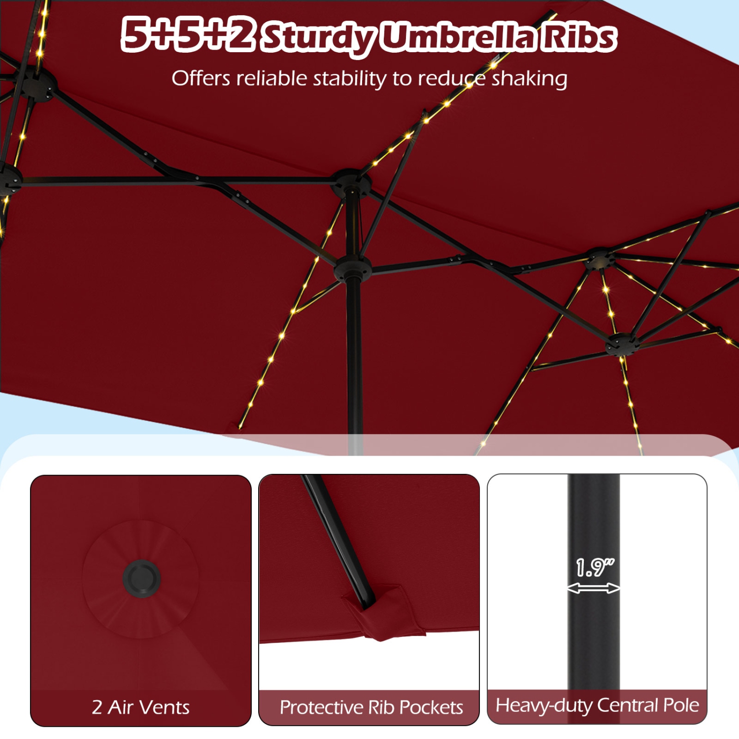 Gymax 15.5 FT Double-sided Patio Umbrella w/ Solar Lights Outdoor Twin Size Umbrella