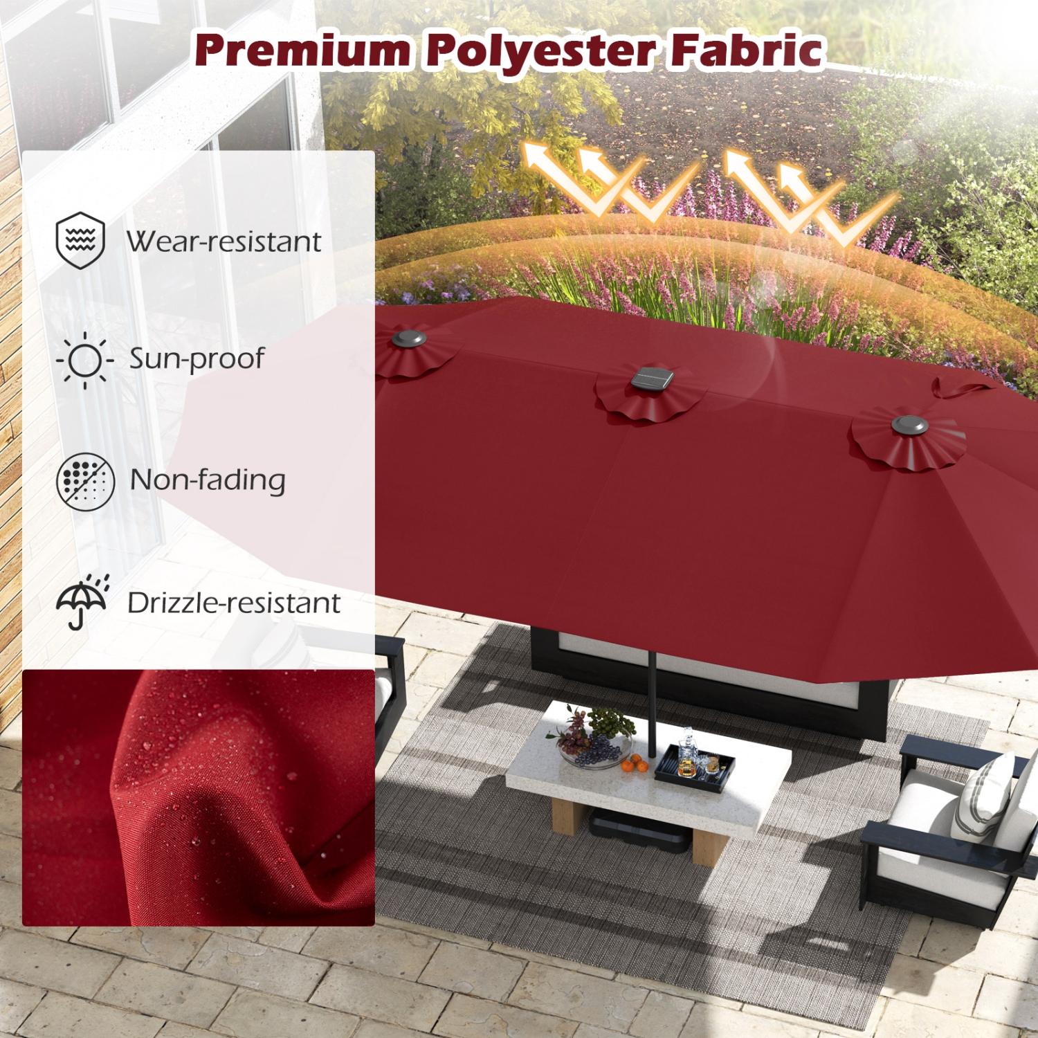 Gymax 15.5 FT Double-sided Patio Umbrella w/ Solar Lights Outdoor Twin Size Umbrella