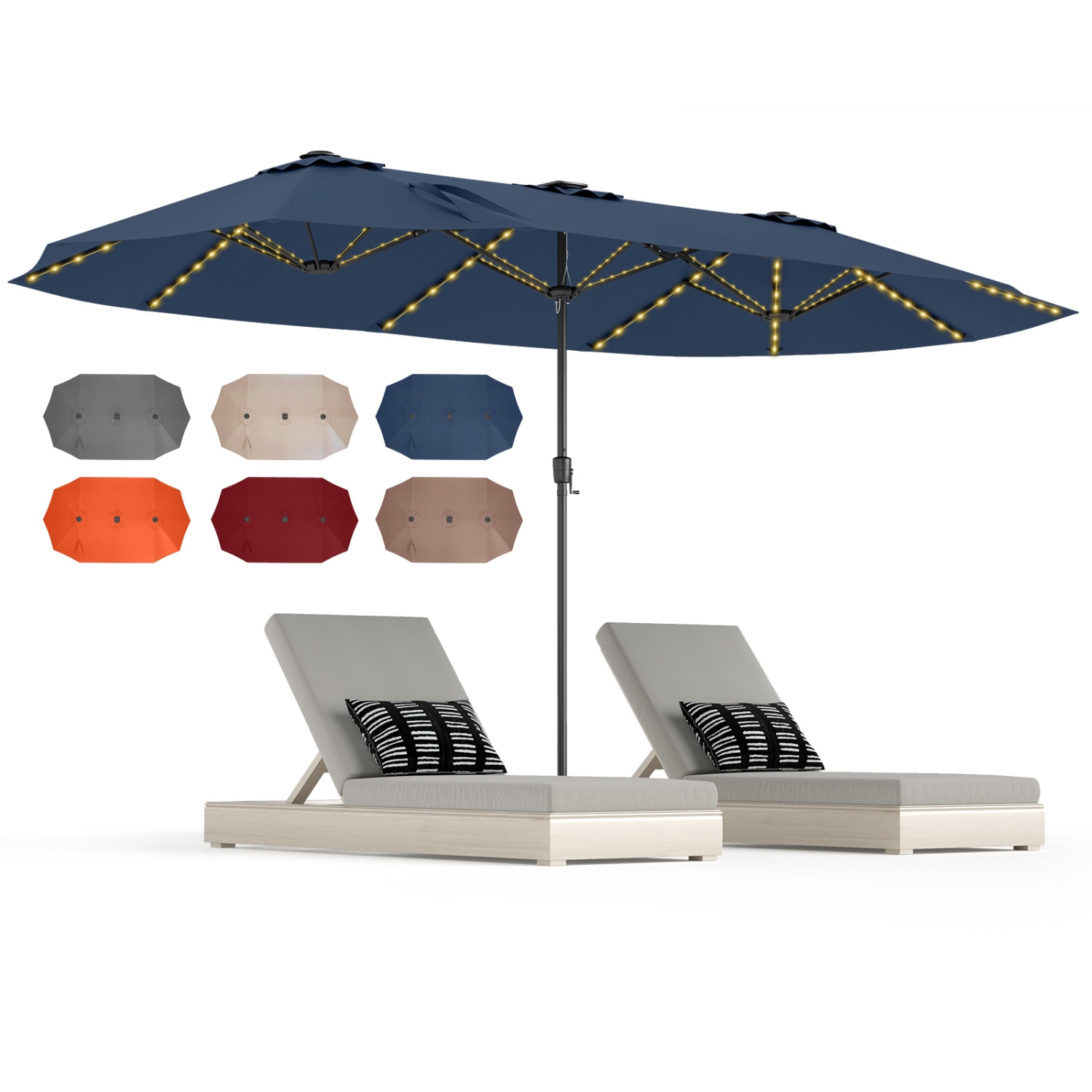 Gymax 15.5 FT Double-sided Patio Umbrella w/ Solar Lights Outdoor Twin Size Umbrella