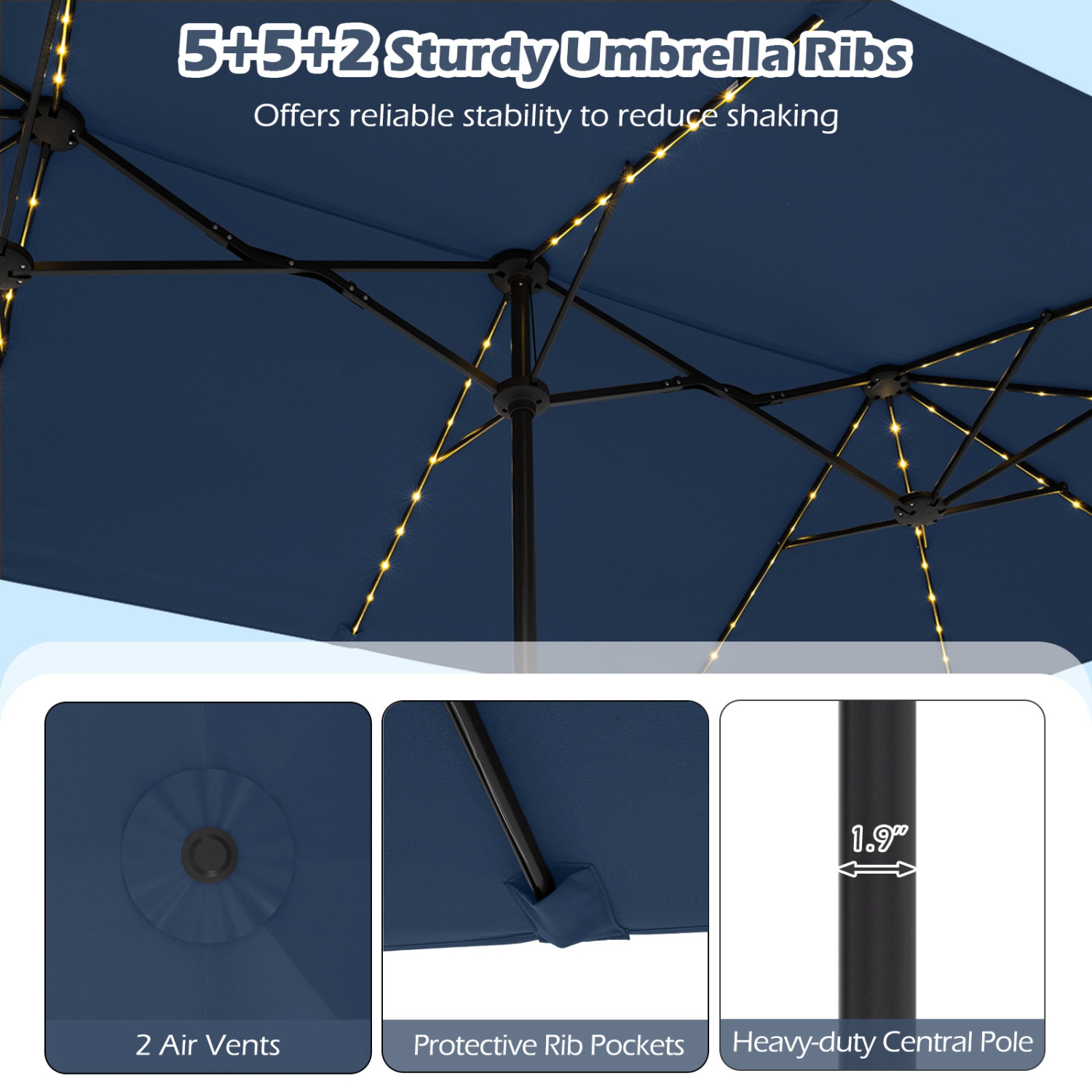 Gymax 15.5 FT Double-sided Patio Umbrella w/ Solar Lights Outdoor Twin Size Umbrella