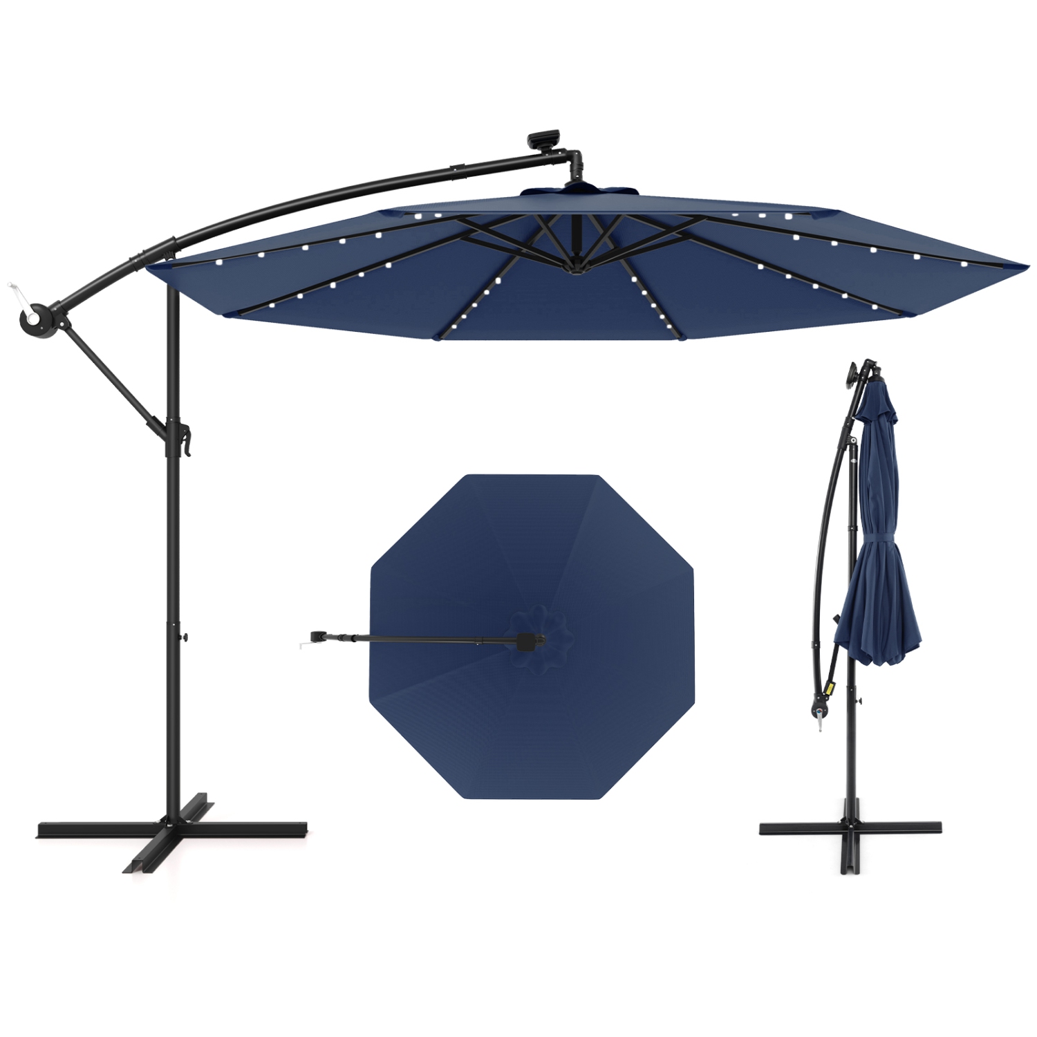 Gymax 10 Ft Solar LED 40 Lights Offset Umbrella Crank Cross Base Patio