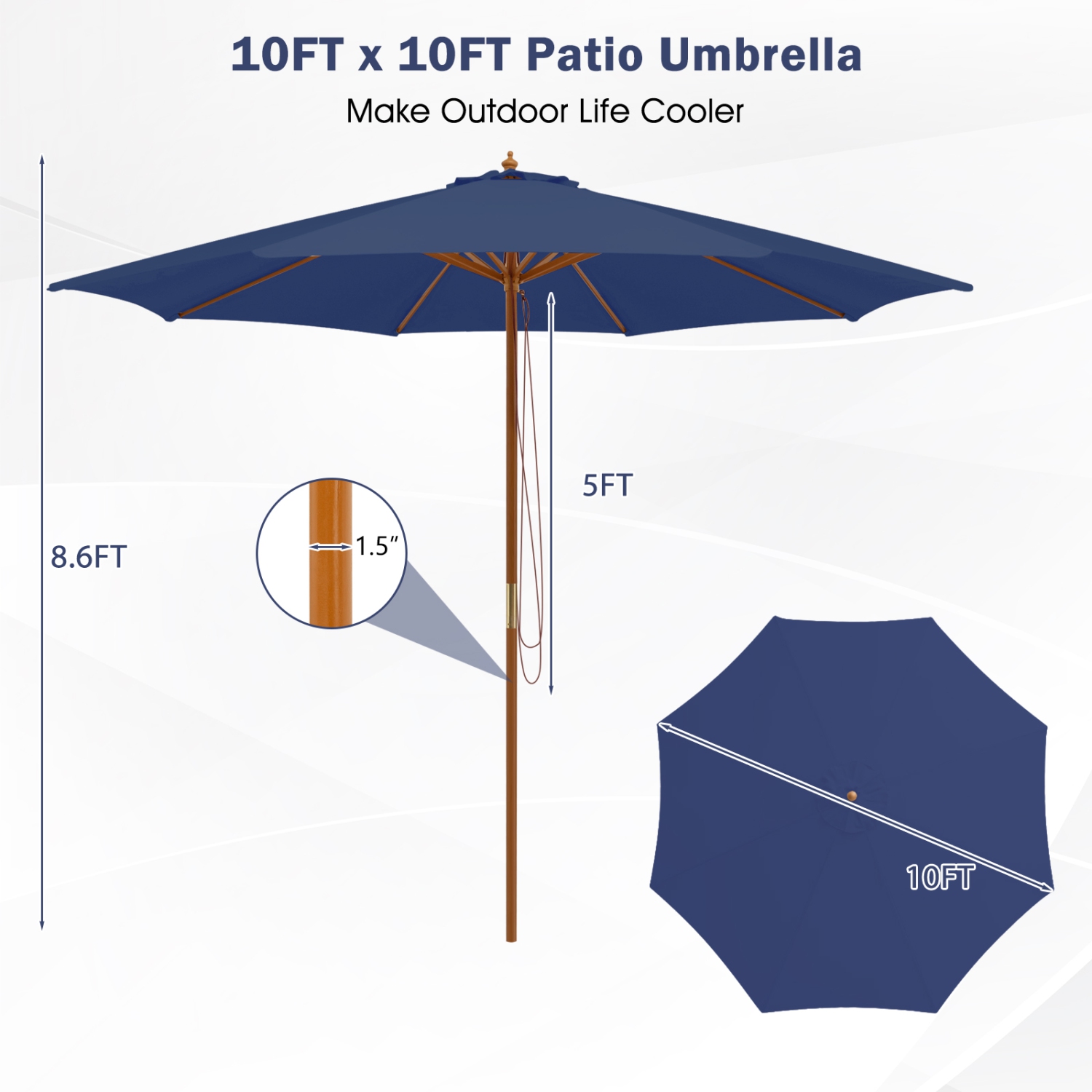 Gymax 10FT Wooden Market Table Umbrella Pulley Sunshade Canopy w/8 Bamboo Ribs
