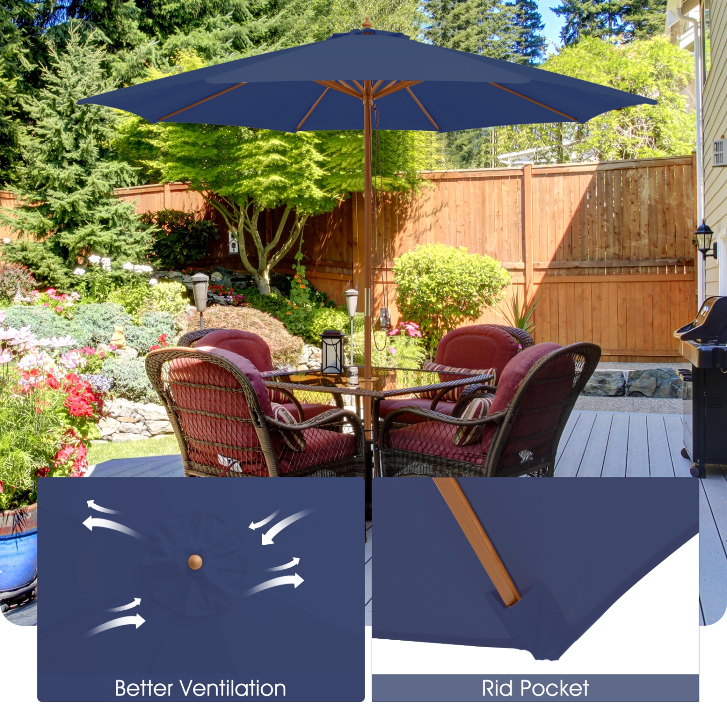 Gymax 10FT Wooden Market Table Umbrella Pulley Sunshade Canopy w/8 Bamboo Ribs