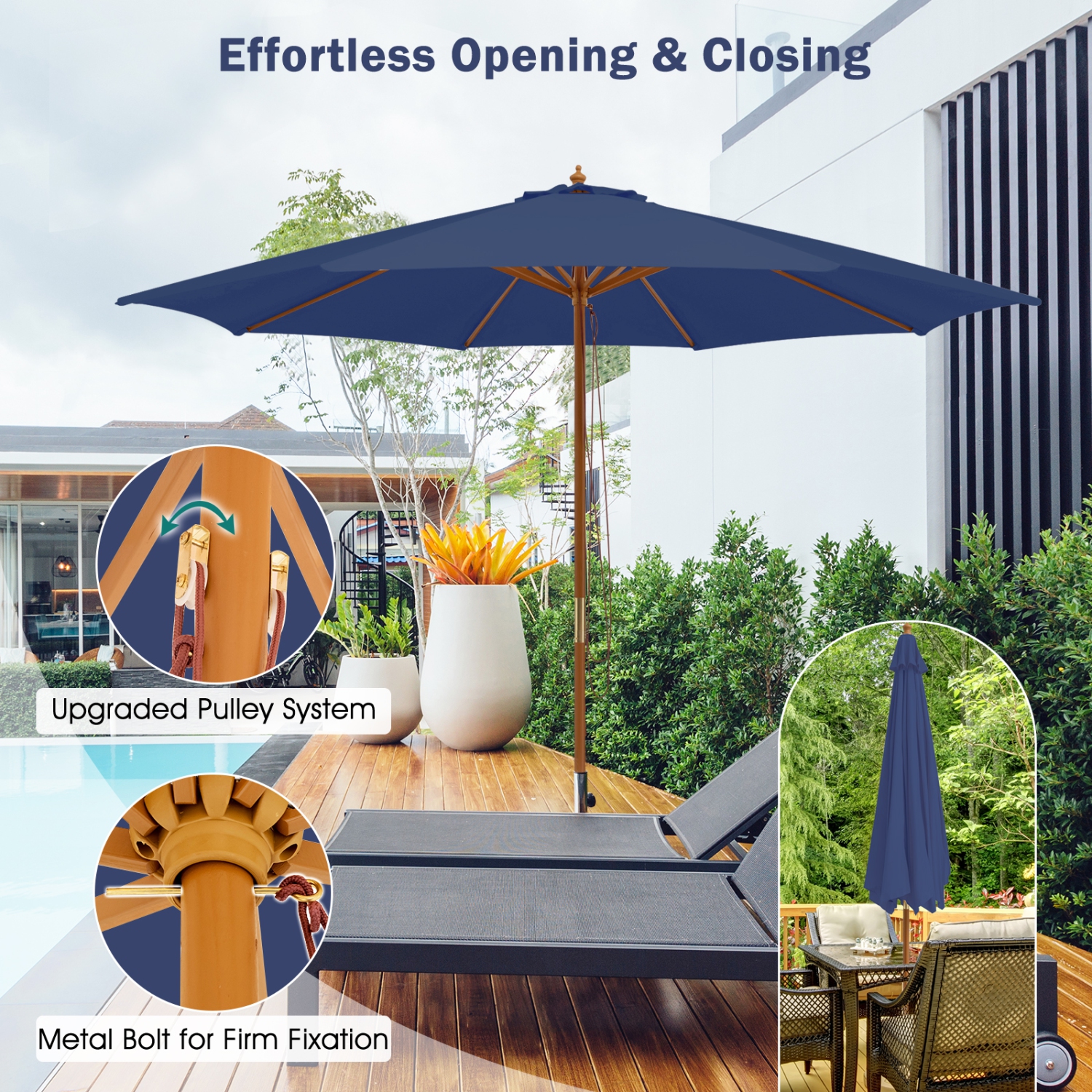 Gymax 10FT Wooden Market Table Umbrella Pulley Sunshade Canopy w/8 Bamboo Ribs