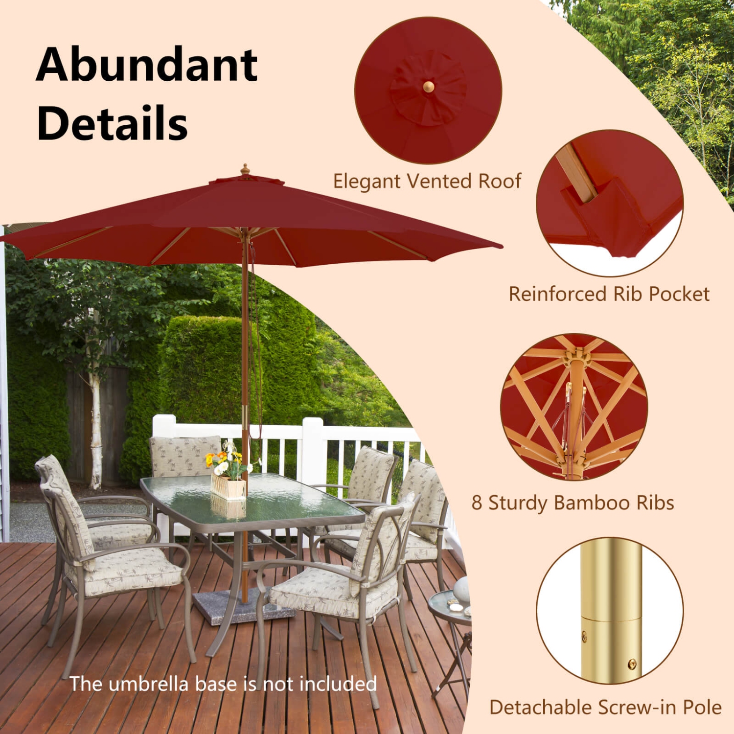 Gymax 10FT Wooden Market Table Umbrella Pulley Sunshade Canopy w/8 Bamboo Ribs