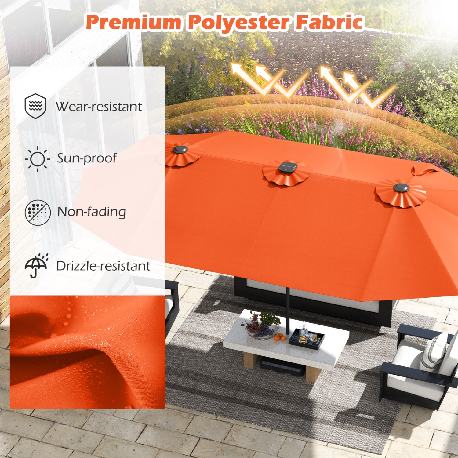 Gymax 15.5 FT Double-sided Patio Umbrella w/ Solar Lights Outdoor Twin Size Umbrella