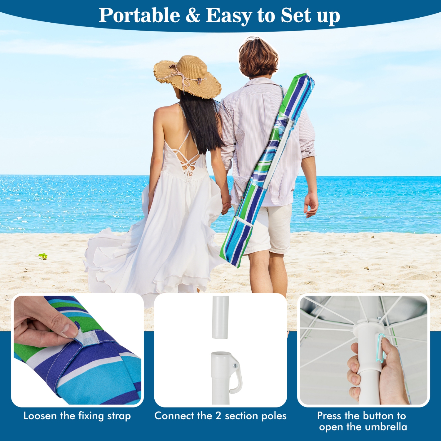 Gymax 6.5 FT Beach Umbrella for Sand Heavy-Duty Sunshade Parasol w/ Sand Anchor