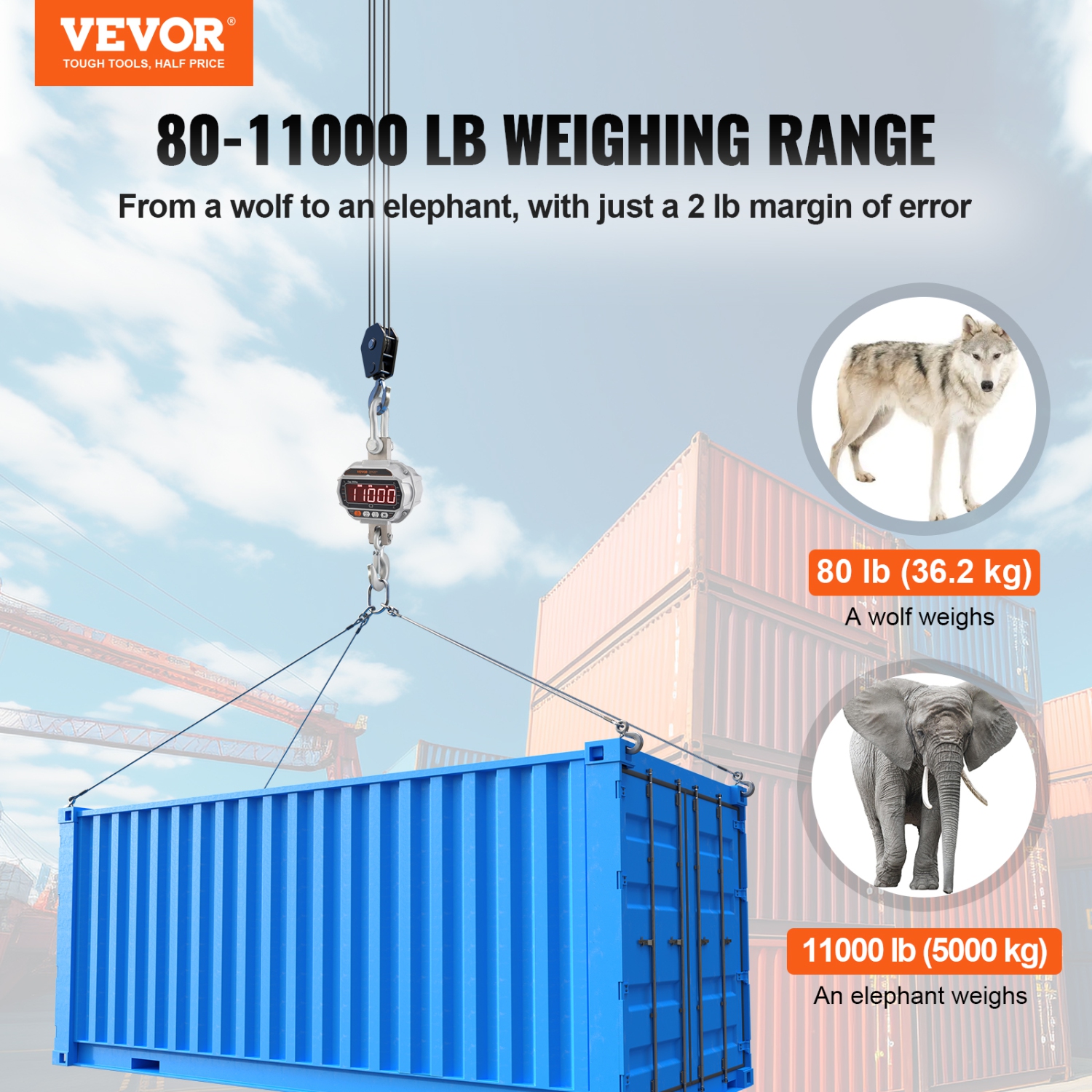 VEVOR 11000 lbs/5000kg Digital Crane Scale, Heavy Duty Scale with Remote Control, Cast Aluminum Case & LED Screen, High Precision for Construction,