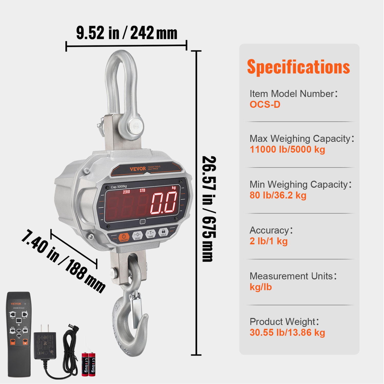 VEVOR 11000 lbs/5000kg Digital Crane Scale, Heavy Duty Scale with Remote Control, Cast Aluminum Case & LED Screen, High Precision for Construction,