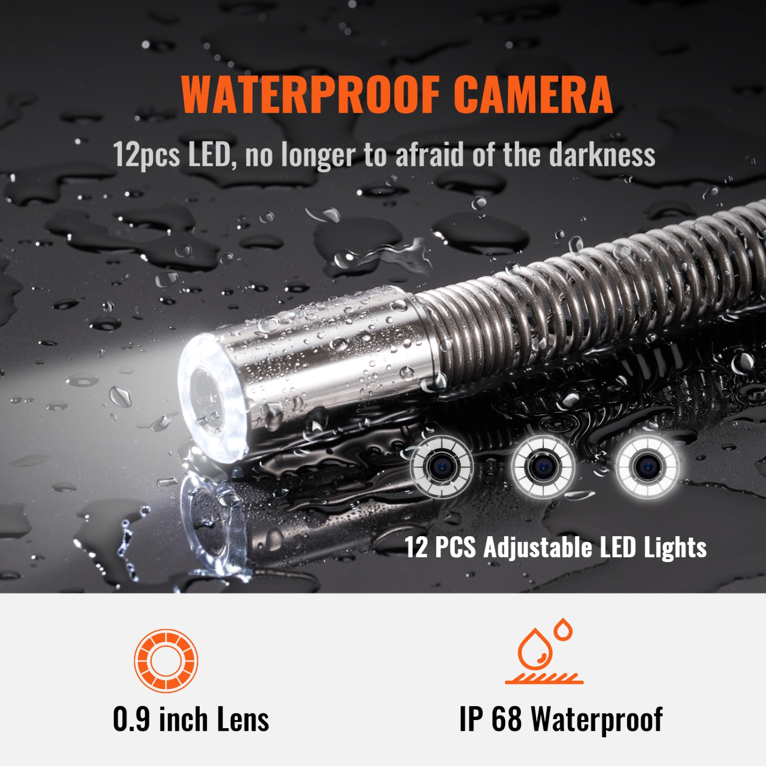 VEVOR 393 ft/120 m Sewer Camera, 9" Screen Pipeline Inspection Camera with DVR Function, Waterproof IP68 Camera with 12 Adjustable LEDs, with a 16 GB