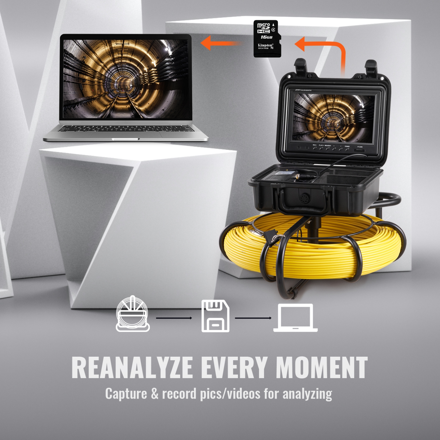 VEVOR 393 ft/120 m Sewer Camera, 9" Screen Pipeline Inspection Camera with DVR Function, Waterproof IP68 Camera with 12 Adjustable LEDs, with a 16 GB