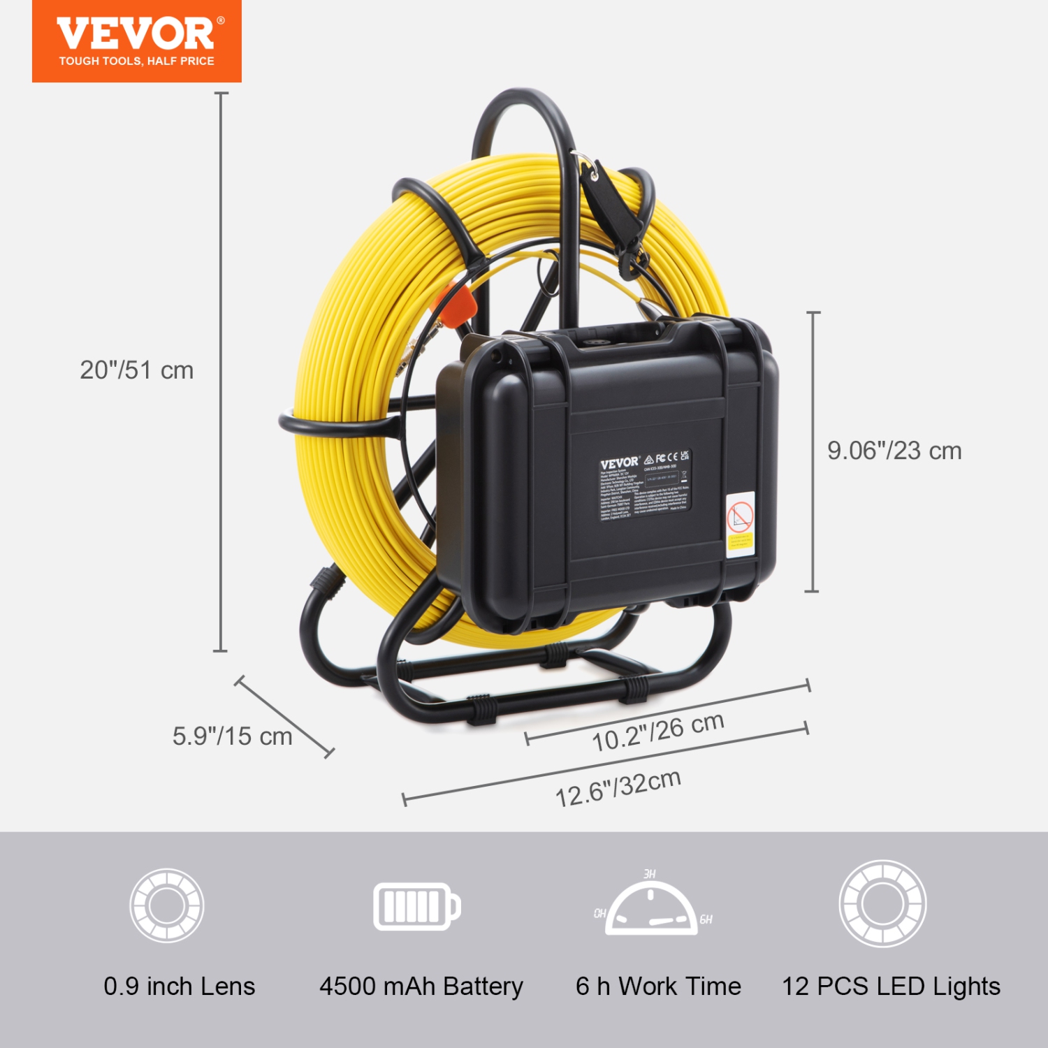 VEVOR 393 ft/120 m Sewer Camera, 9" Screen Pipeline Inspection Camera with DVR Function, Waterproof IP68 Camera with 12 Adjustable LEDs, with a 16 GB