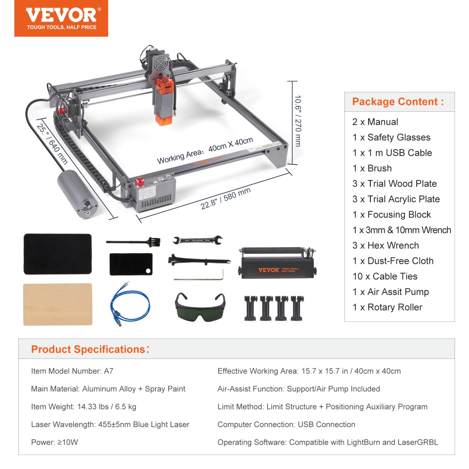 Graveur laser VEVOR 10&nbsp;W, graveur laser de sortie, grande surface de travail de 15,7" x 15,7", vitesse de déplacement 10000&nbsp;mm/min, tache