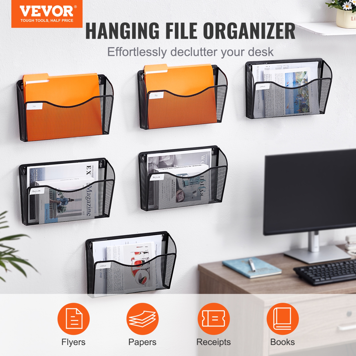 VEVOR Six-Piece File Wall Rack, 1 Pocket Mesh Wall File Holder, Wall Mounted Magazine Mail Paper & Document Storage Folder, Metal Wall File Organizer