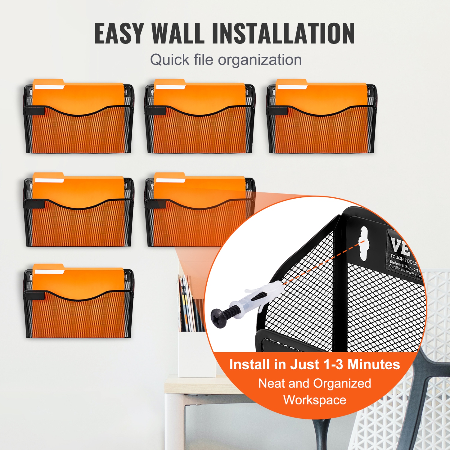 VEVOR Six-Piece File Wall Rack, 1 Pocket Mesh Wall File Holder, Wall Mounted Magazine Mail Paper & Document Storage Folder, Metal Wall File Organizer