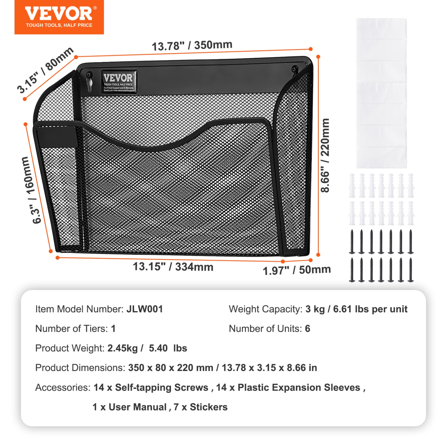 VEVOR Six-Piece File Wall Rack, 1 Pocket Mesh Wall File Holder, Wall Mounted Magazine Mail Paper & Document Storage Folder, Metal Wall File Organizer