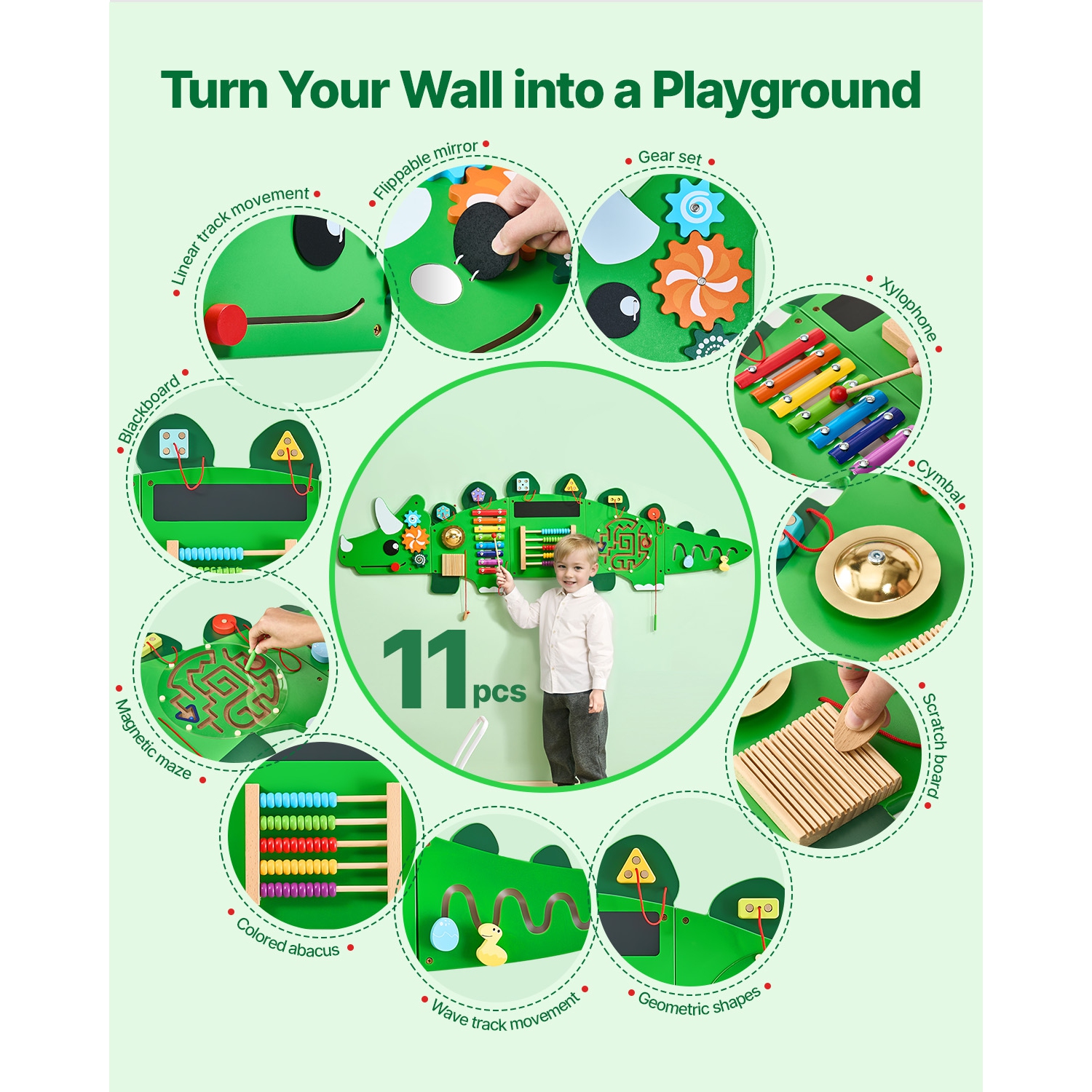 VEVOR Dinosaur Activity Wall Busy Board Panels, 11 Activities, Montessori Sensory Wall Toy for Kids 3-12 Years, Montessori Learning Activity Center,