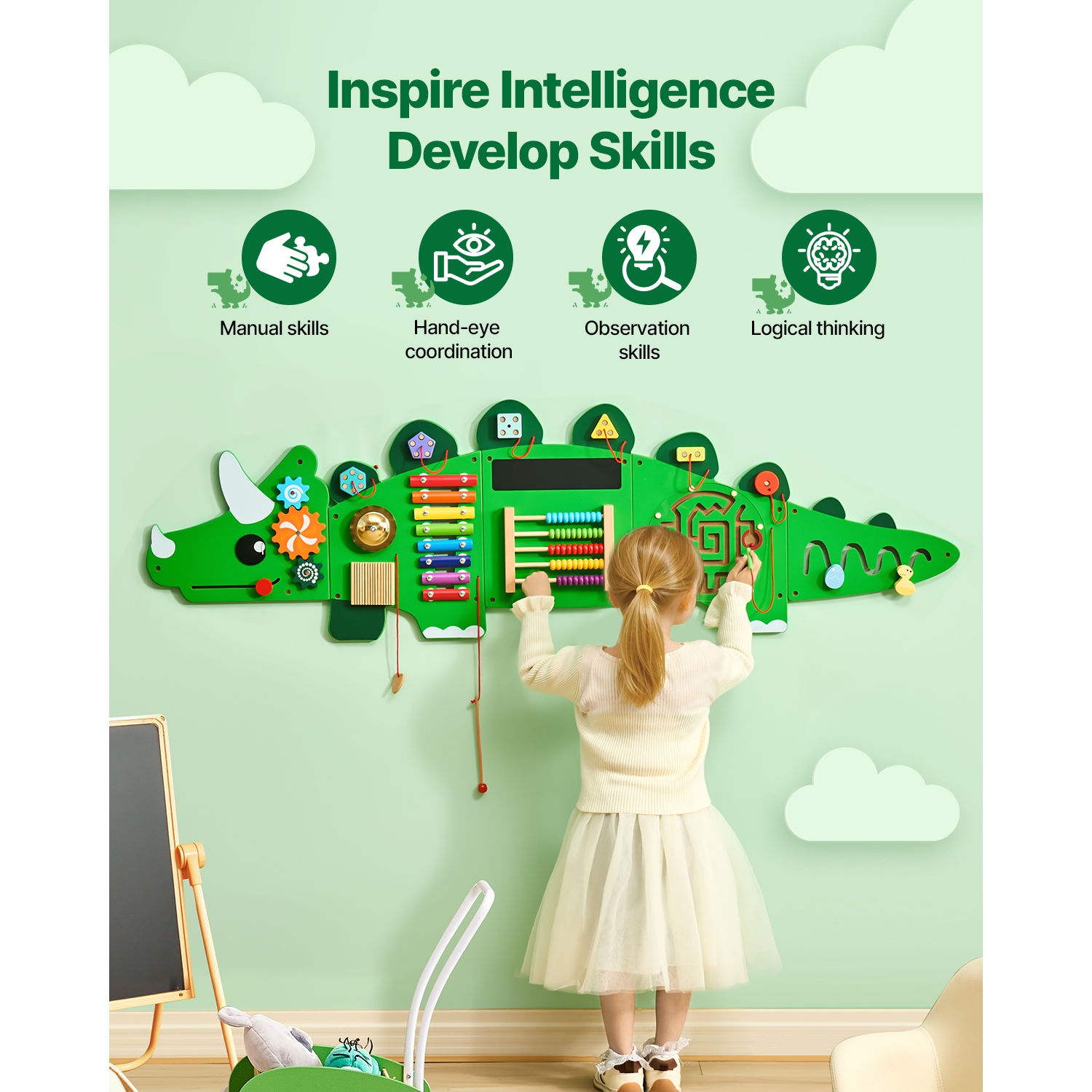 VEVOR Dinosaur Activity Wall Busy Board Panels, 11 Activities, Montessori Sensory Wall Toy for Kids 3-12 Years, Montessori Learning Activity Center,