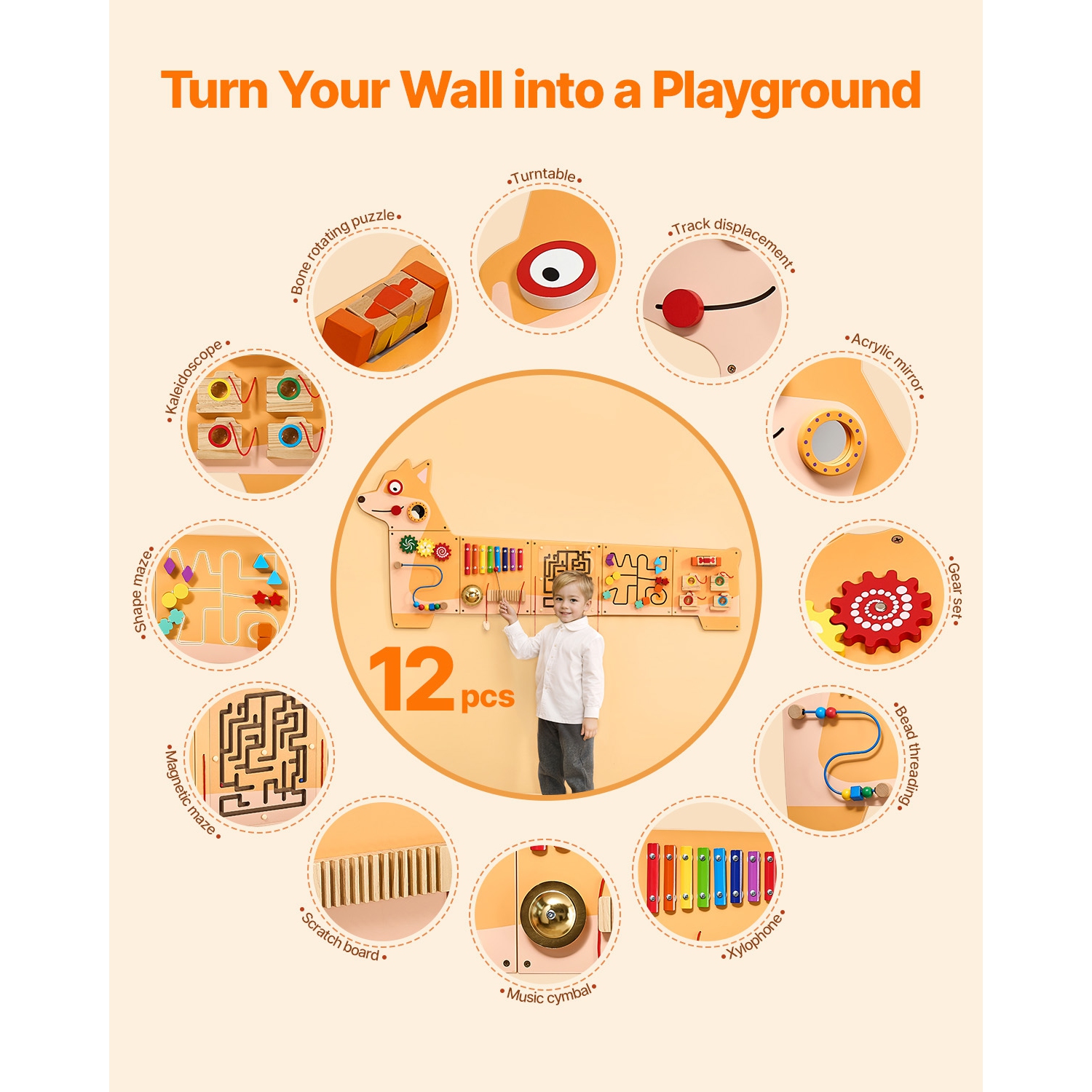 VEVOR Puppy Activity Wall Busy Board Panels, 12 Activities, Montessori Sensory Wall Toy for Kids 3-12 Years, Montessori Learning Activity Center,