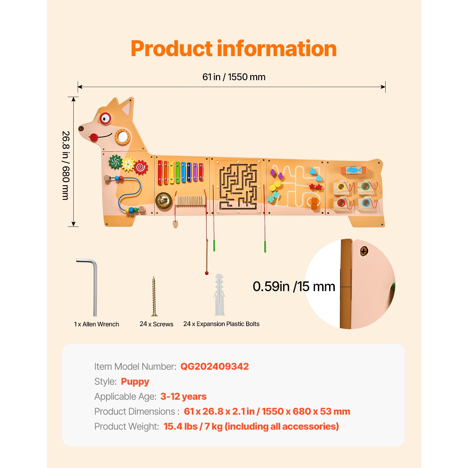 VEVOR Puppy Activity Wall Busy Board Panels, 12 Activities, Montessori Sensory Wall Toy for Kids 3-12 Years, Montessori Learning Activity Center,