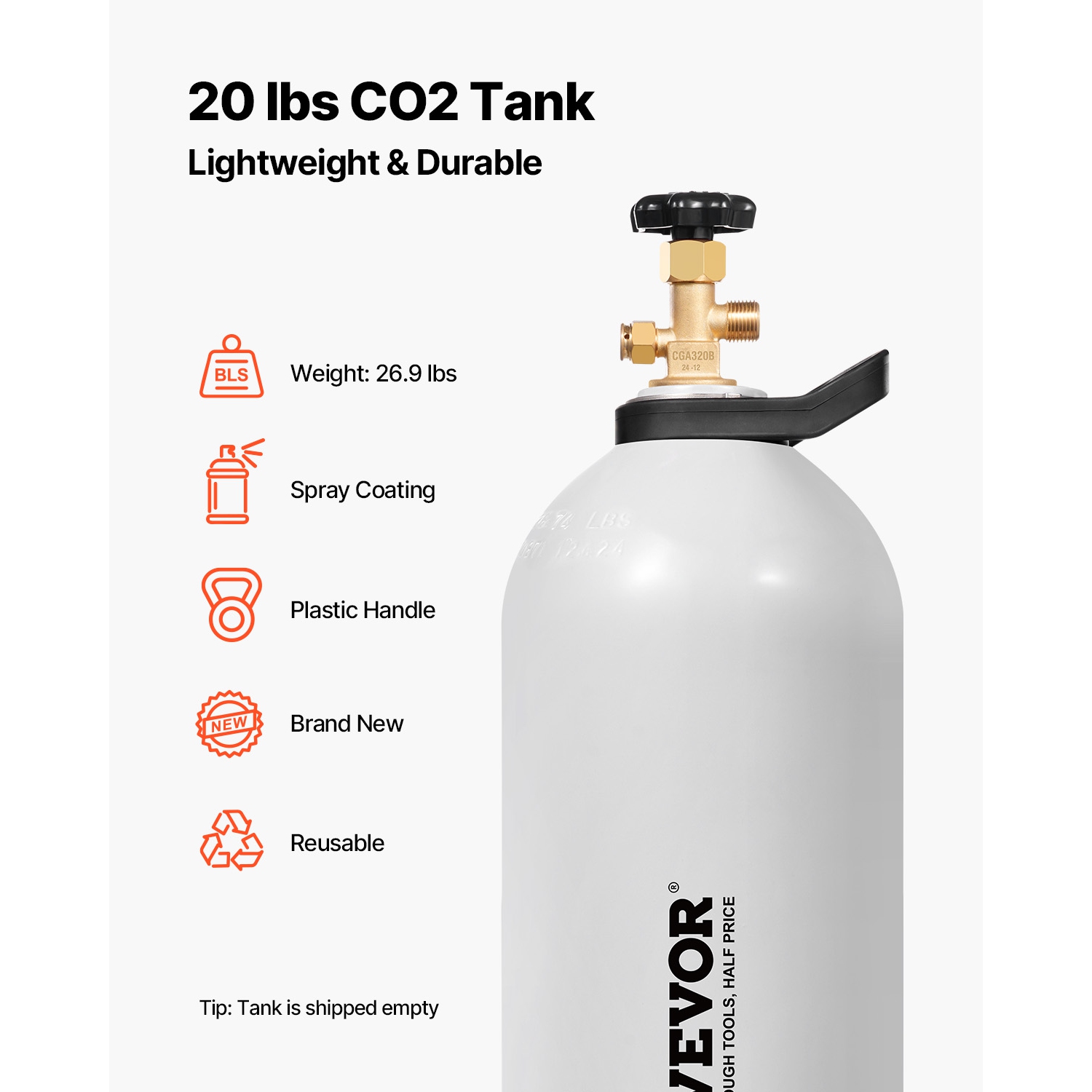 VEVOR CO2 Tank, 20 lbs New Aluminum Alloy Cylinder,CO2 Air Tank with Light Spray Coating,CGA320 Valve,Handle & Purple Copper Siphon, DOT Approved