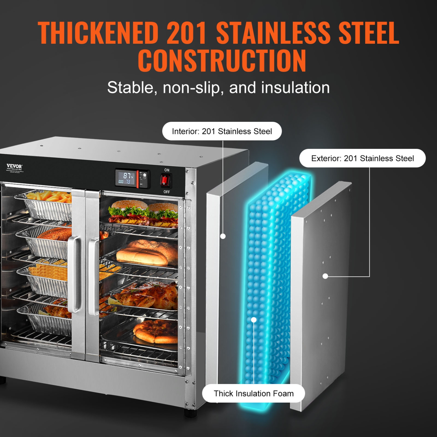 VEVOR 4-Tier Hot Box Food Warmer, Concession Warmer with Water Tray, 4 Pans, Glass Double-door and Adjustable Shelves, Stainless Steel Food Warmer