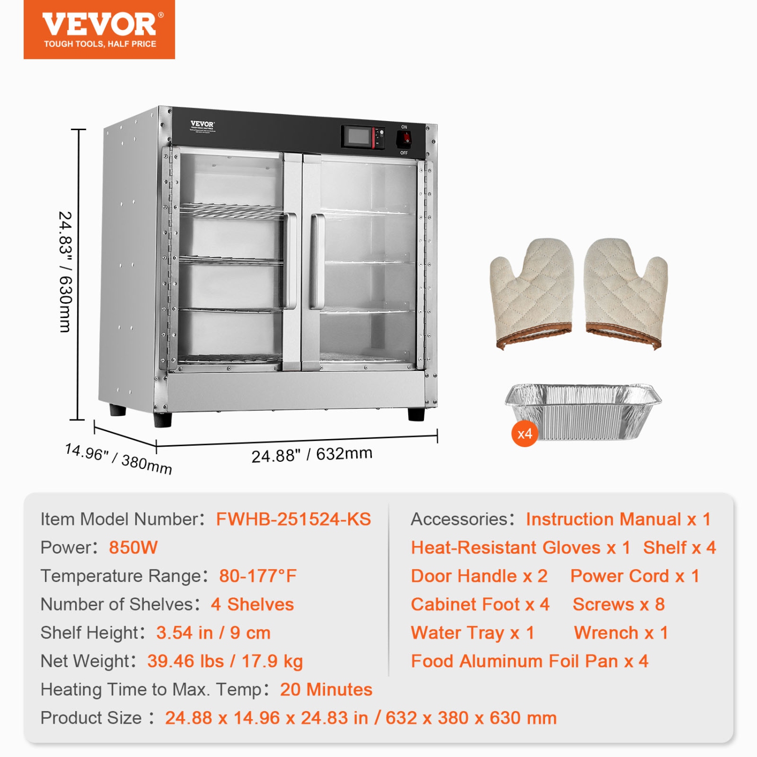 VEVOR 4-Tier Hot Box Food Warmer, Concession Warmer with Water Tray, 4 Pans, Glass Double-door and Adjustable Shelves, Stainless Steel Food Warmer