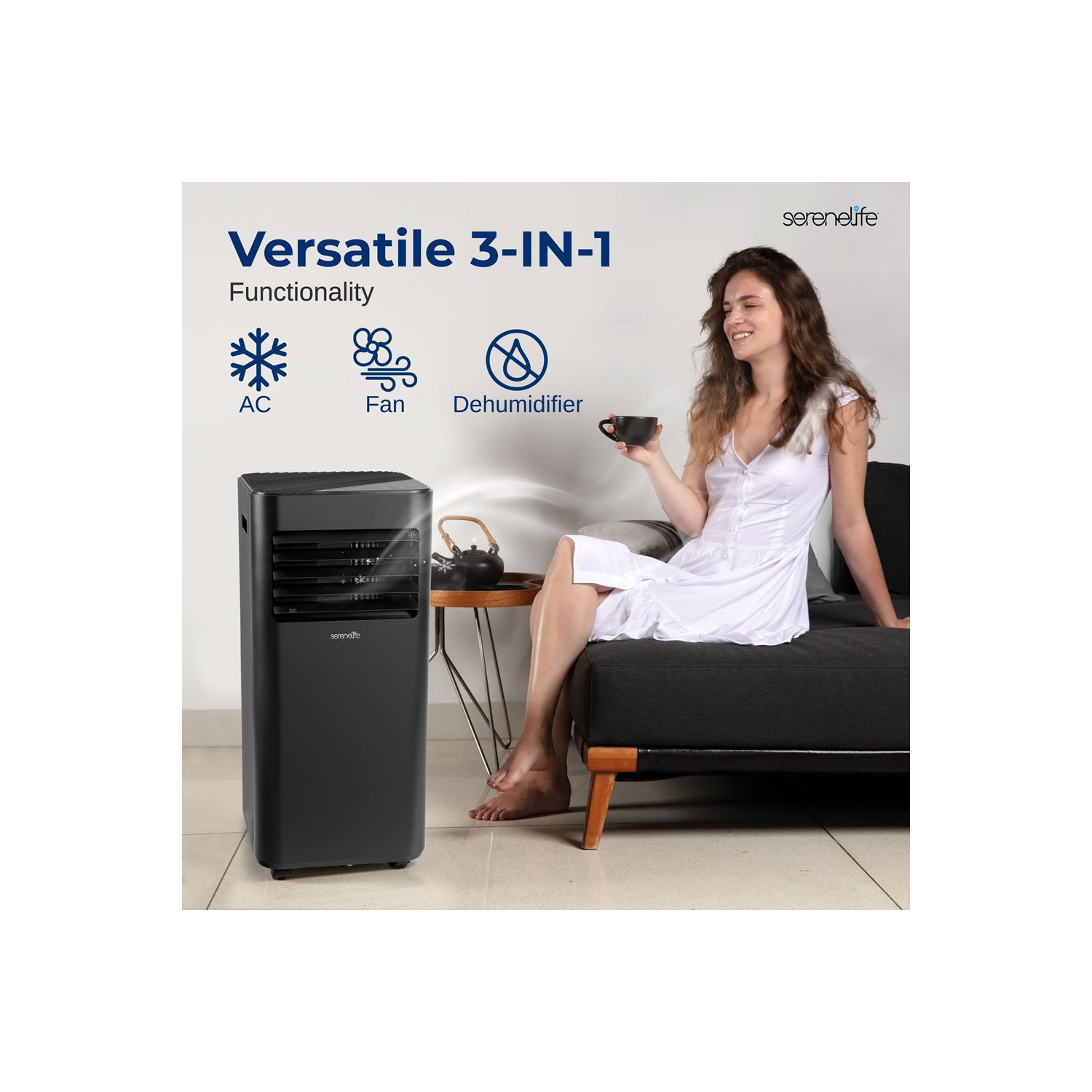 SereneLife Portable AC 10000 BTU, 3-in-1 Cooling, Dehumidifier And Fan Modes, Compact Standing Air Conditioner, Energy Efficient 320 Sq. Ft. Climate