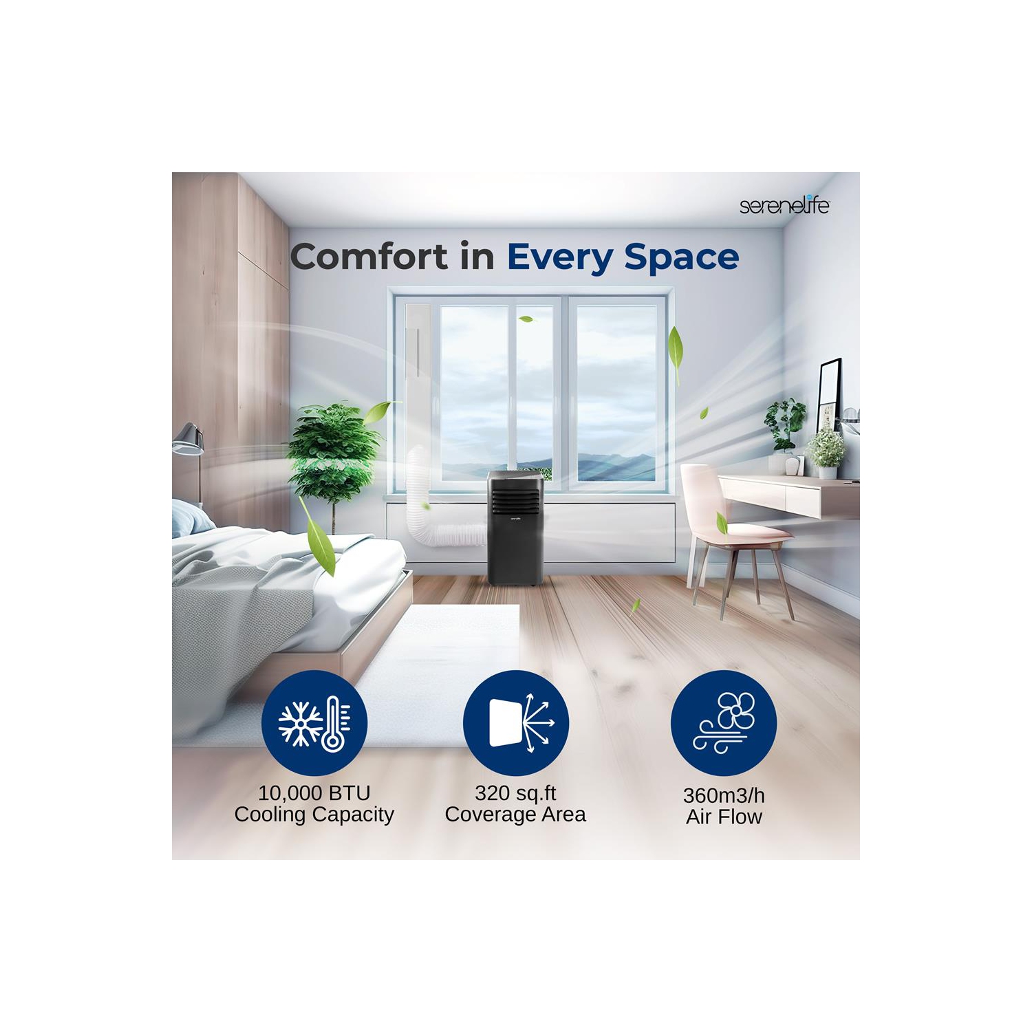SereneLife Portable AC 10000 BTU, 3-in-1 Cooling, Dehumidifier And Fan Modes, Compact Standing Air Conditioner, Energy Efficient 320 Sq. Ft. Climate