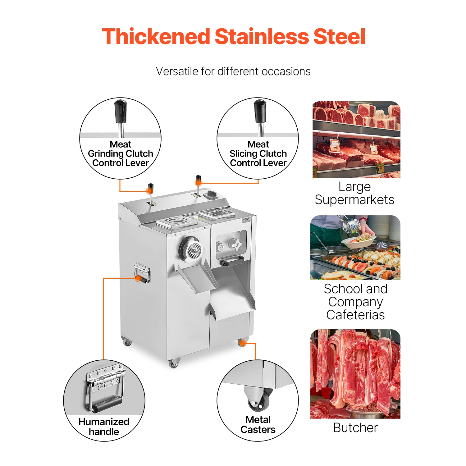 VEVOR 14 Lbs/Min Meat Grinder, Electric Meat Grinder, Slicer, Sausage Stuffer with Blade, Grinding Plate, Sausage Maker, Stainless Steel Meat Mincer