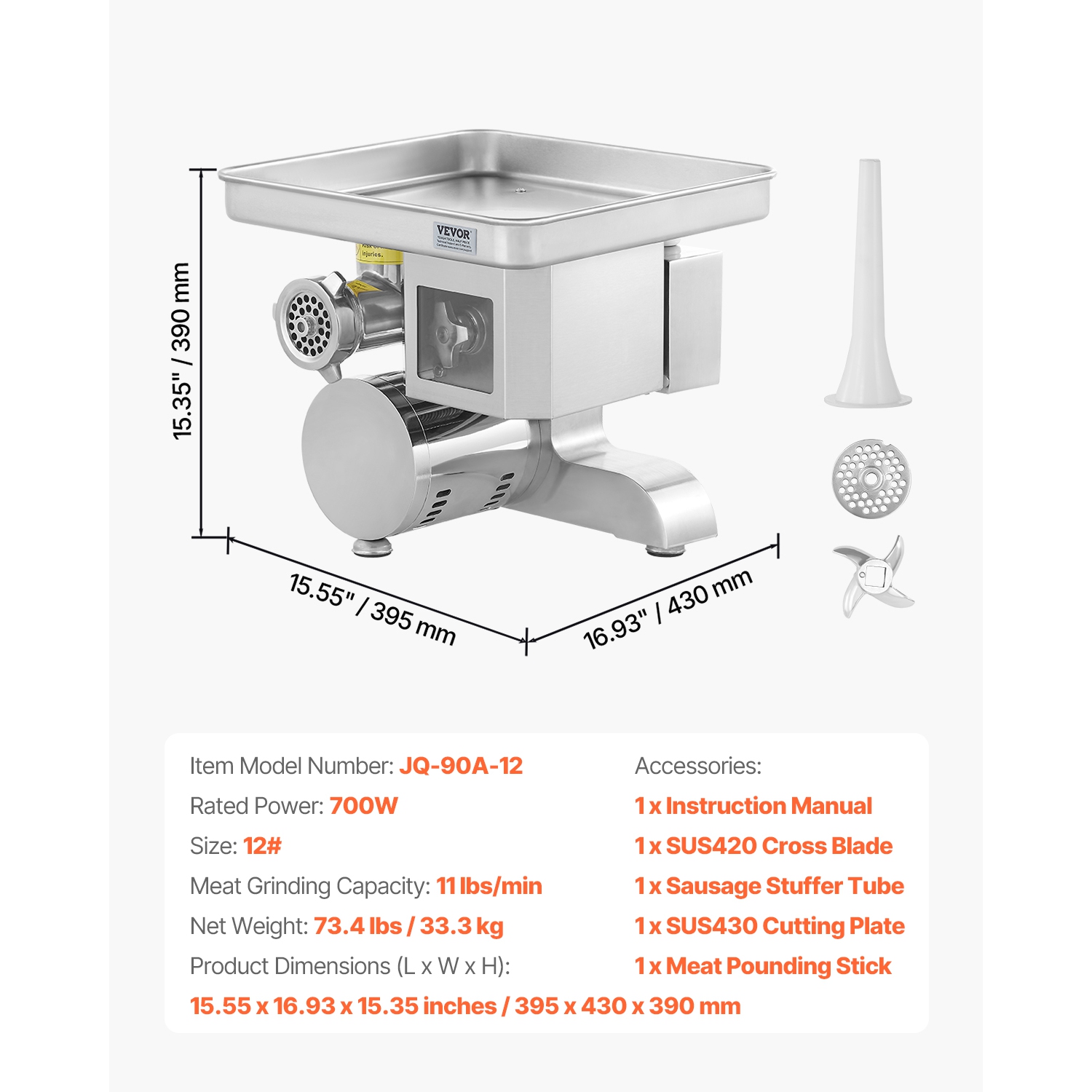VEVOR 11 Lbs/Min Meat Grinder, Electric Meat Grinder, Slicer, Sausage Stuffer with Blade, Grinding Plate, Sausage Maker, Stainless Steel Commercial