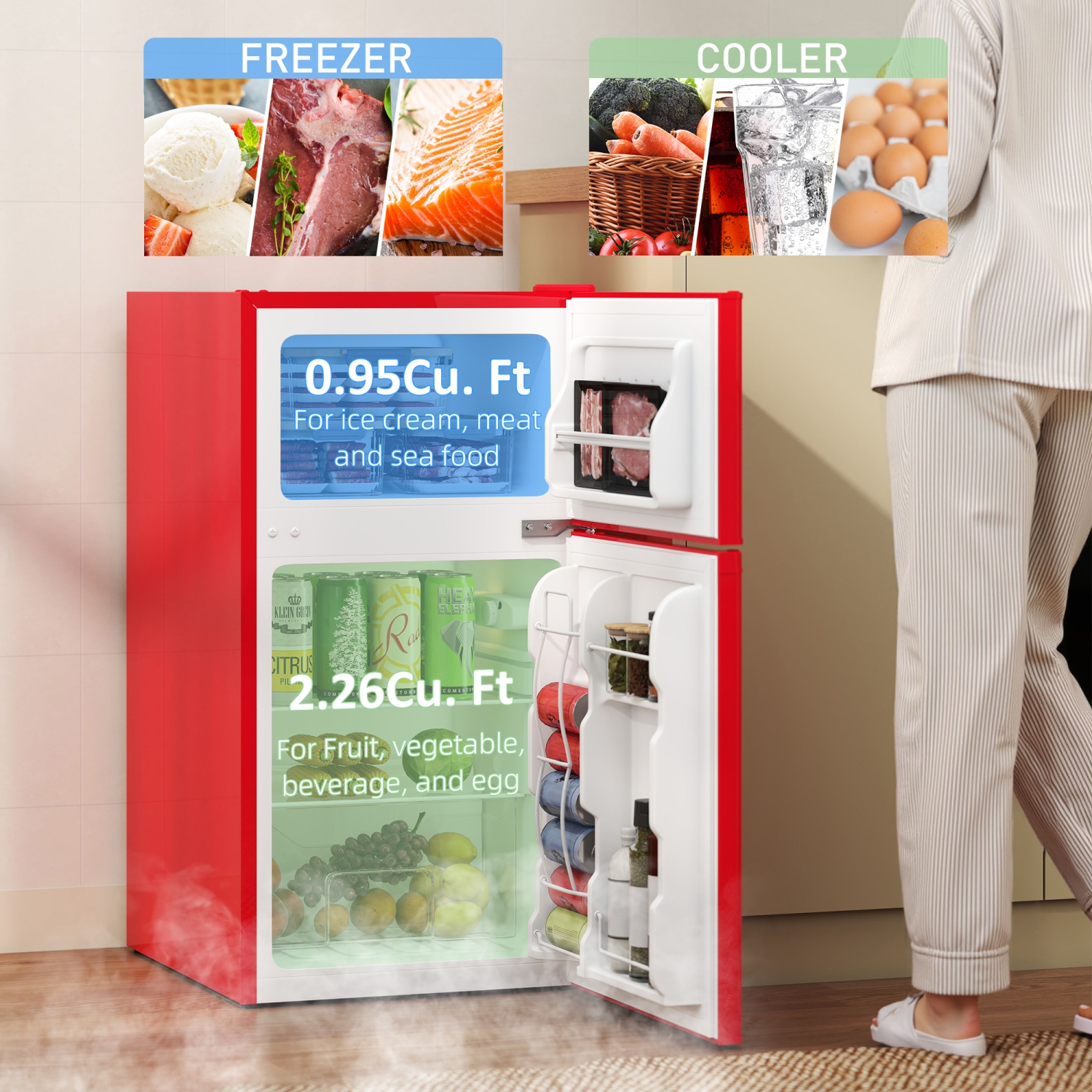 HOMCOM Mini Fridge with Freezer, 3.2 Cu. Ft. Compact Refrigerator with Adjustable Shelves, Mechanical Thermostat, Reversible Double Doors for