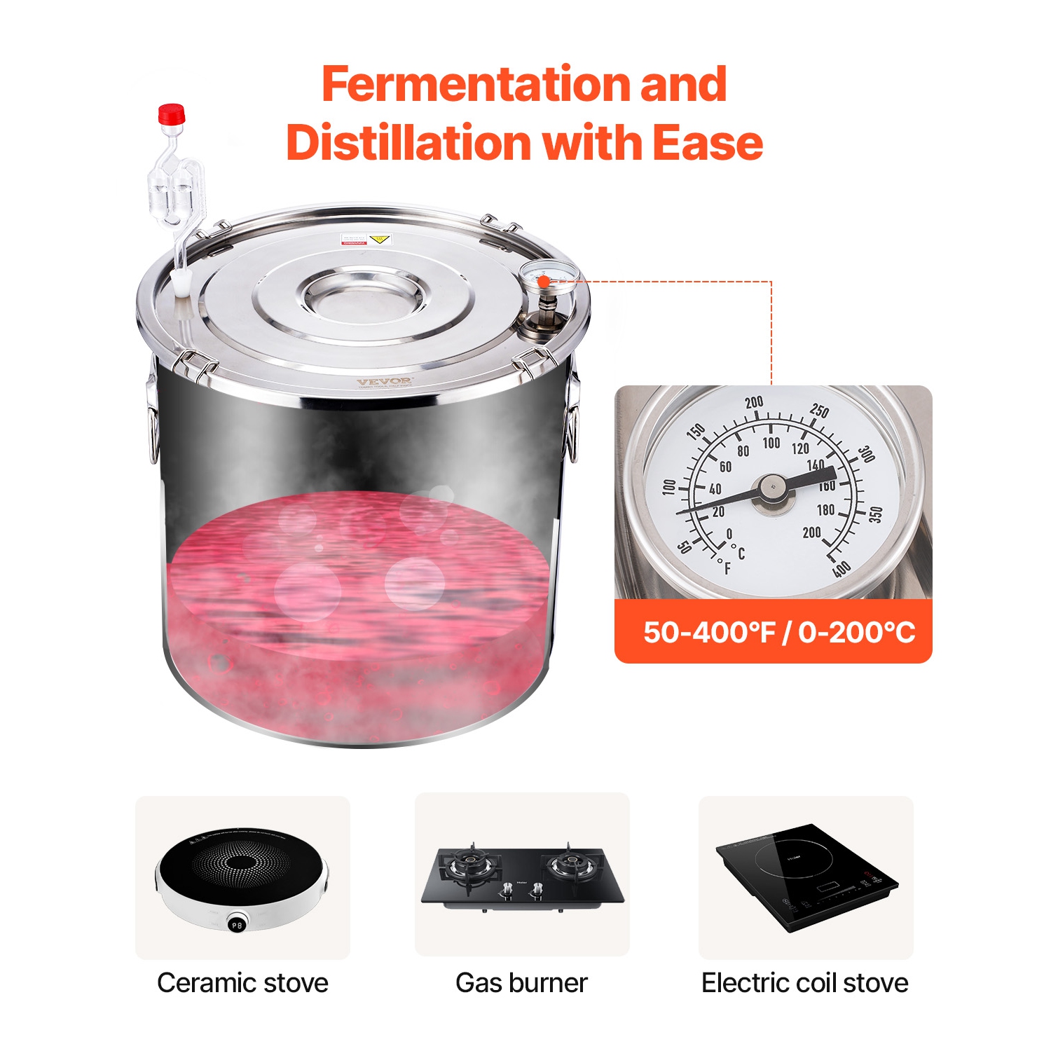 VEVOR 13,2 gal / 50&nbsp;L Alcohol Still, distillateur d'alcool d'eau en acier inoxydable avec bobine en cuivre, kit de fermentation de brassage à