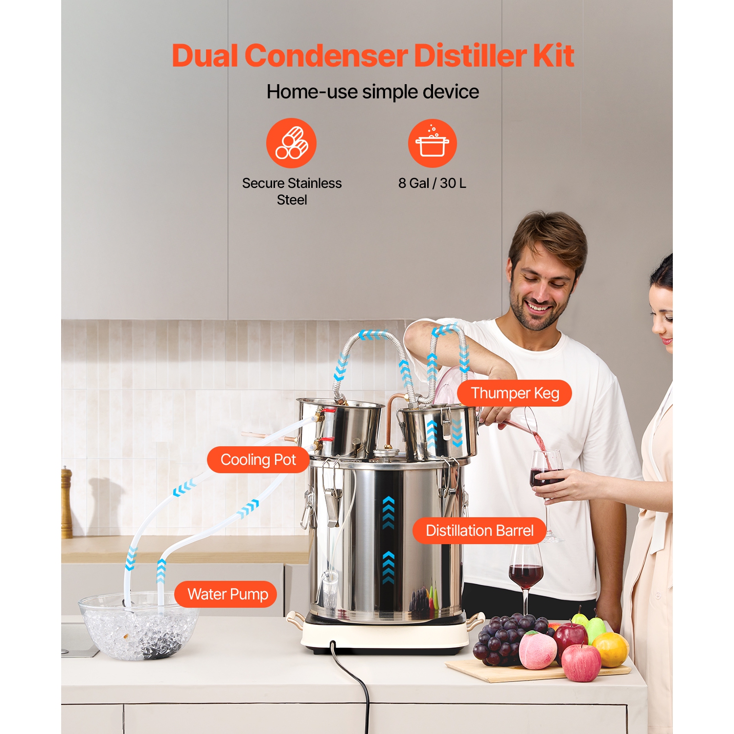 Alcool VEVOR 8 gal/30&nbsp;L, distillateur d'alcool en acier inoxydable avec bobine en cuivre pour refroidissement rapide, ensemble de distillateur à