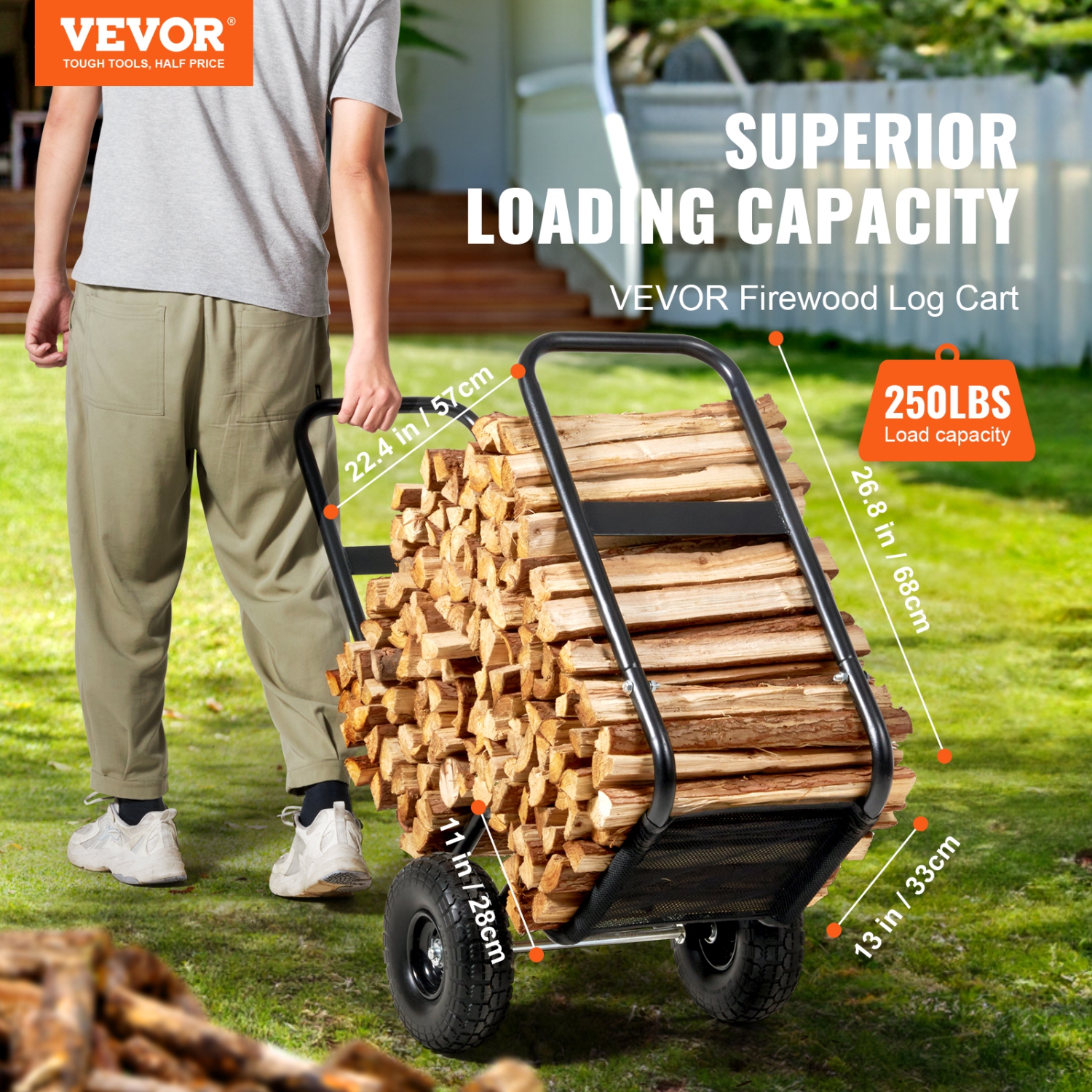 VEVOR 250 lbs Capacity Firewood Log Cart, Outdoor and Indoor Wood Rack Storage Mover with PU Wheels & Waterproof Cloth, Heavy Duty Steel Dolly