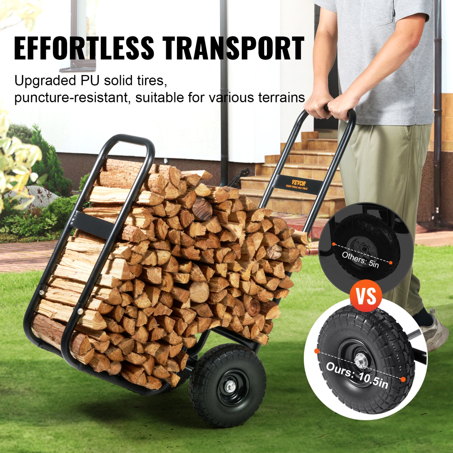 VEVOR 250 lbs Capacity Firewood Log Cart, Outdoor and Indoor Wood Rack Storage Mover with PU Wheels & Waterproof Cloth, Heavy Duty Steel Dolly