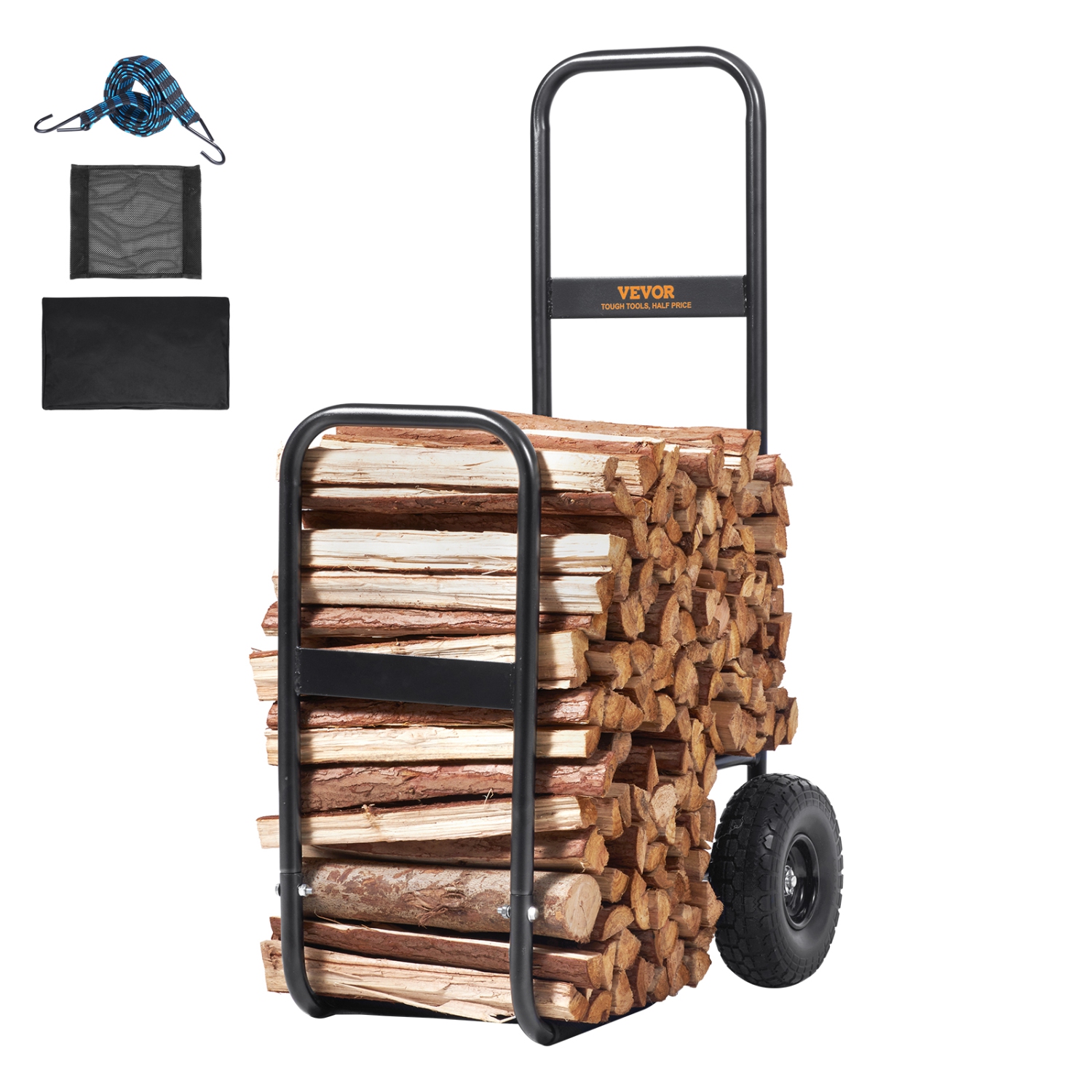 VEVOR 250 lbs Capacity Firewood Log Cart, Outdoor and Indoor Wood Rack Storage Mover with PU Wheels & Waterproof Cloth, Heavy Duty Steel Dolly