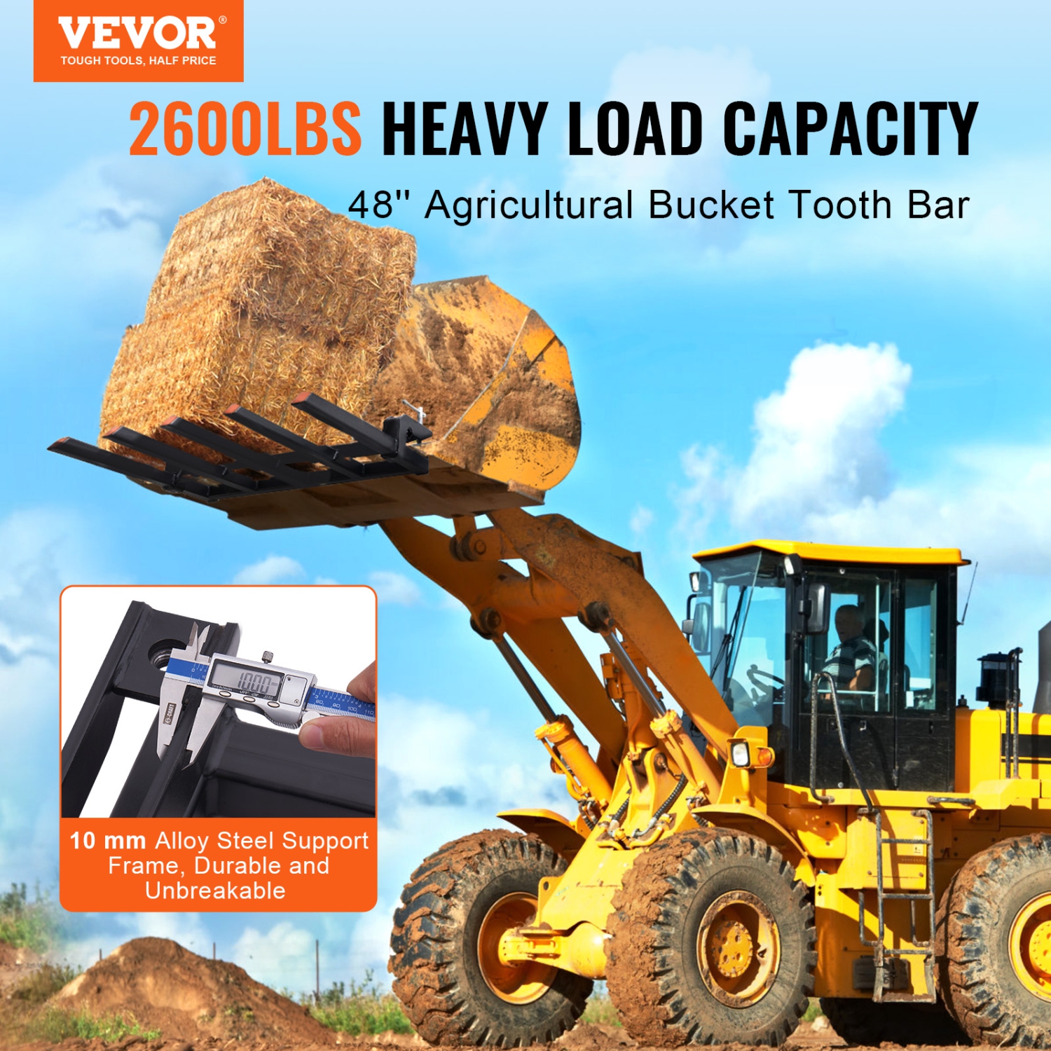 VEVOR 2600 lbs Capacity Clamp on Debris Forks to 48" Bucket, Heavy Duty Clamp on Pallet Forks Bucket Attachments, Fit for Loader Bucket Skid Steer