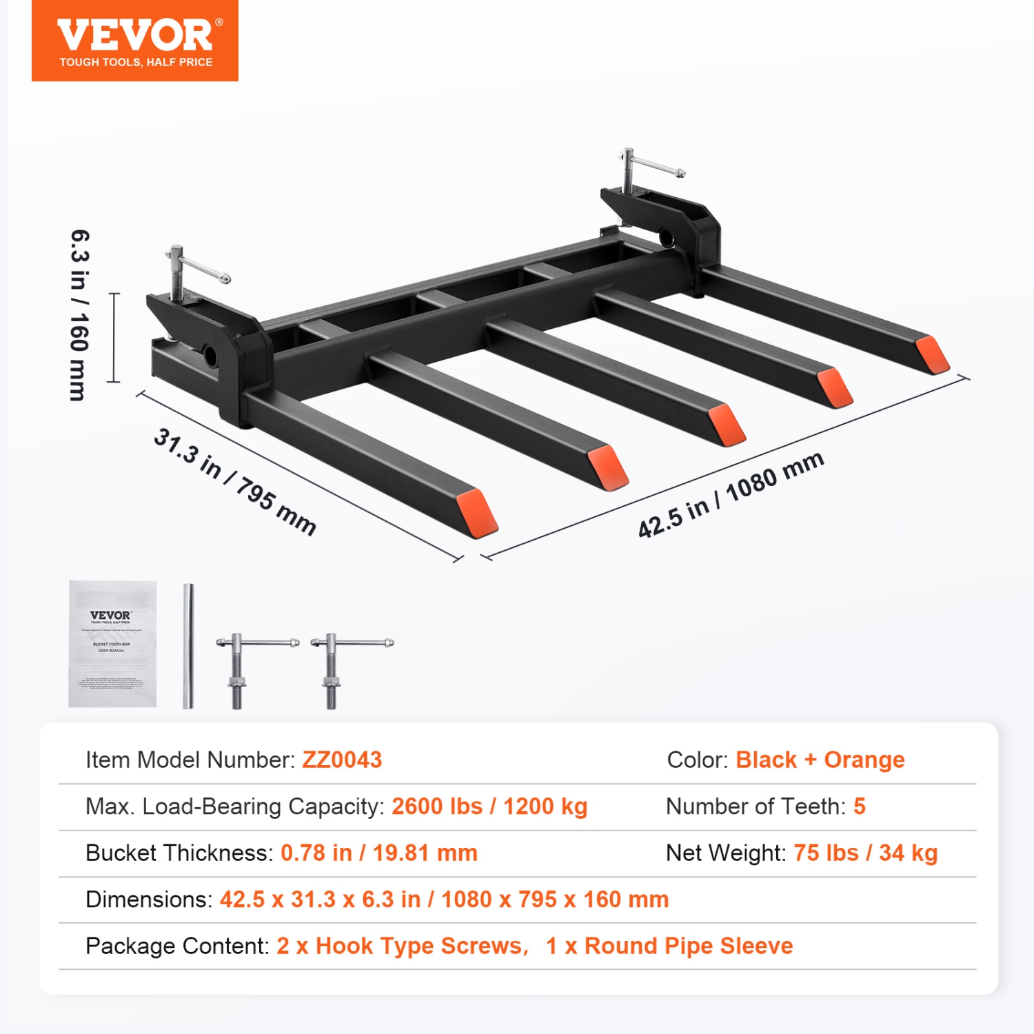 VEVOR 2600 lbs Capacity Clamp on Debris Forks to 48" Bucket, Heavy Duty Clamp on Pallet Forks Bucket Attachments, Fit for Loader Bucket Skid Steer