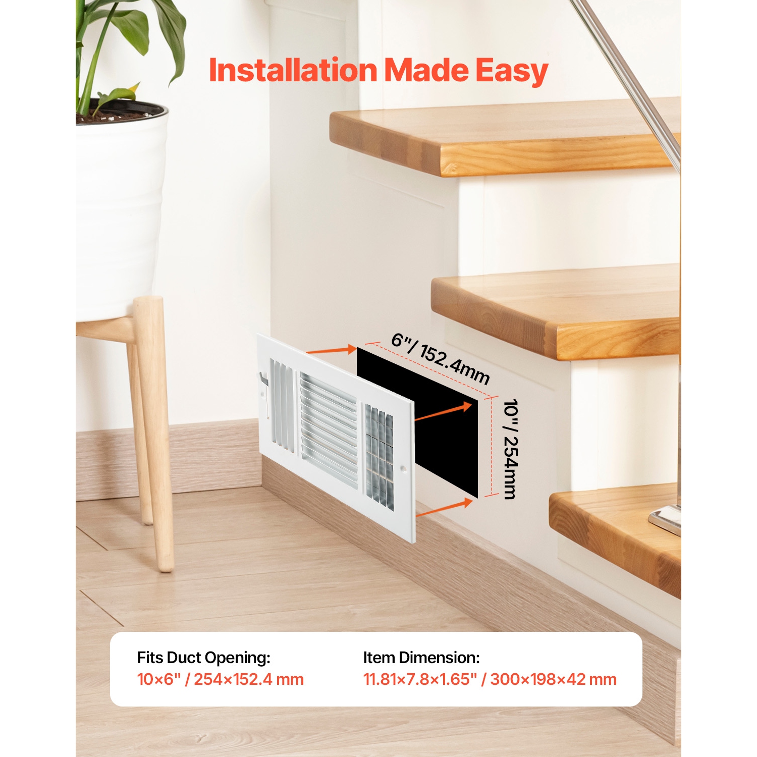 VEVOR 6 x 10 Inch Floor Registers, 6-Pack Floor Vents, HVAC 3-Direction Iron Vent Grilles, Rustproof Anti-Peeling Air Vents Deflector Adjustable with