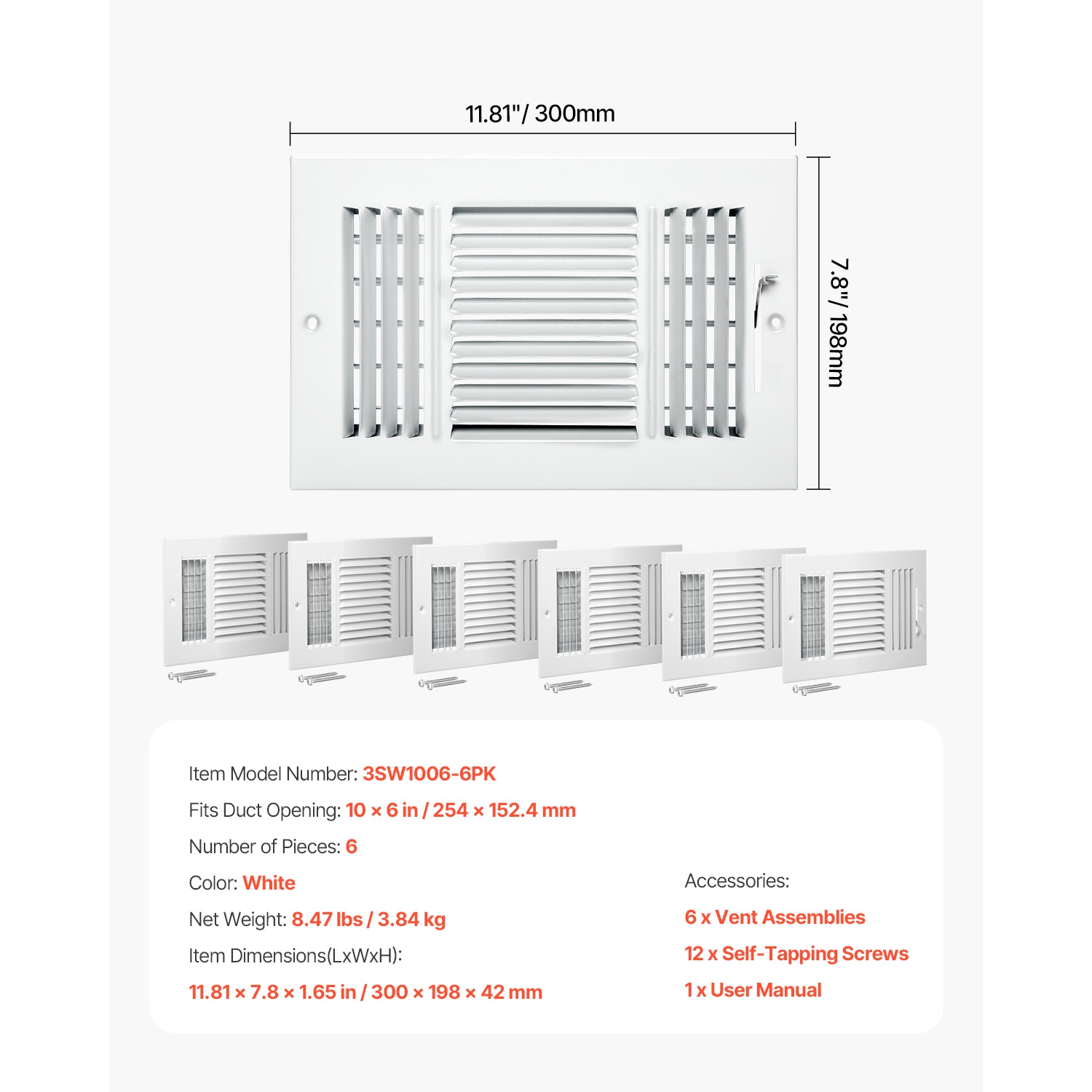 VEVOR 6 x 10 Inch Floor Registers, 6-Pack Floor Vents, HVAC 3-Direction Iron Vent Grilles, Rustproof Anti-Peeling Air Vents Deflector Adjustable with