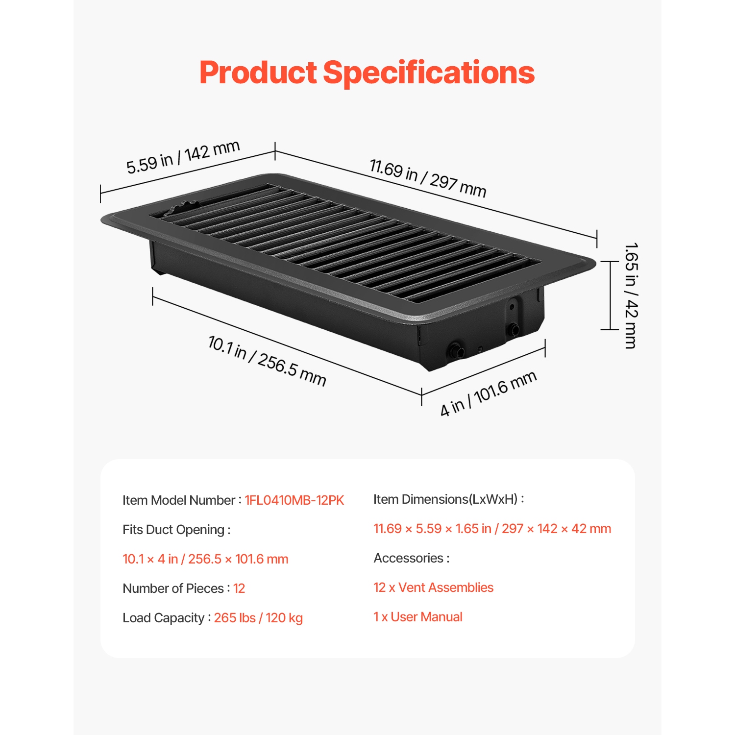 VEVOR 4 x 10 Inch Floor Registers, 12-Pack Vent Grilles, HAVC Heavy-Duty Walkable Iron Floor Vents, Easily Adjustable Rust-Proof Air Vents Deflector