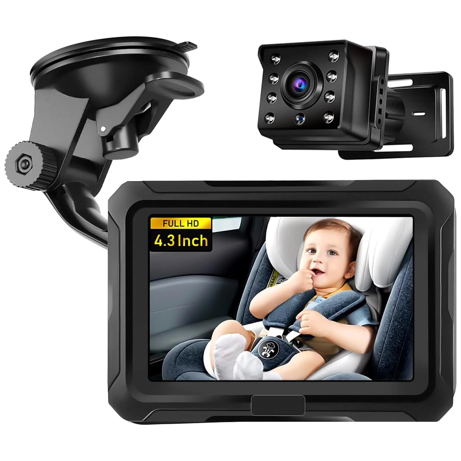 Baby Car Camera, Baby Car Mirror, 4.3" HD 1080P, 360 °Rotation Night Vision Baby Monitor with Camera, Rear Facing 5 Mins Easy Installation