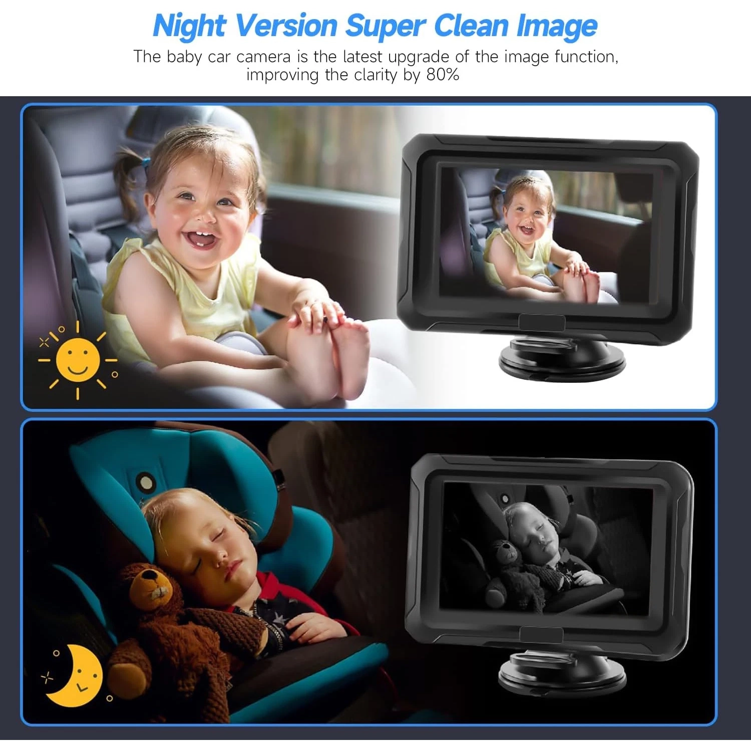 Baby Car Camera, Baby Car Mirror, 4.3" HD 1080P, 360 °Rotation Night Vision Baby Monitor with Camera, Rear Facing 5 Mins Easy Installation