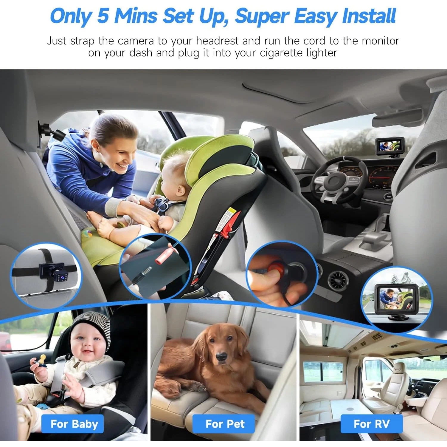 Baby Car Camera, Baby Car Mirror, 4.3" HD 1080P, 360 °Rotation Night Vision Baby Monitor with Camera, Rear Facing 5 Mins Easy Installation