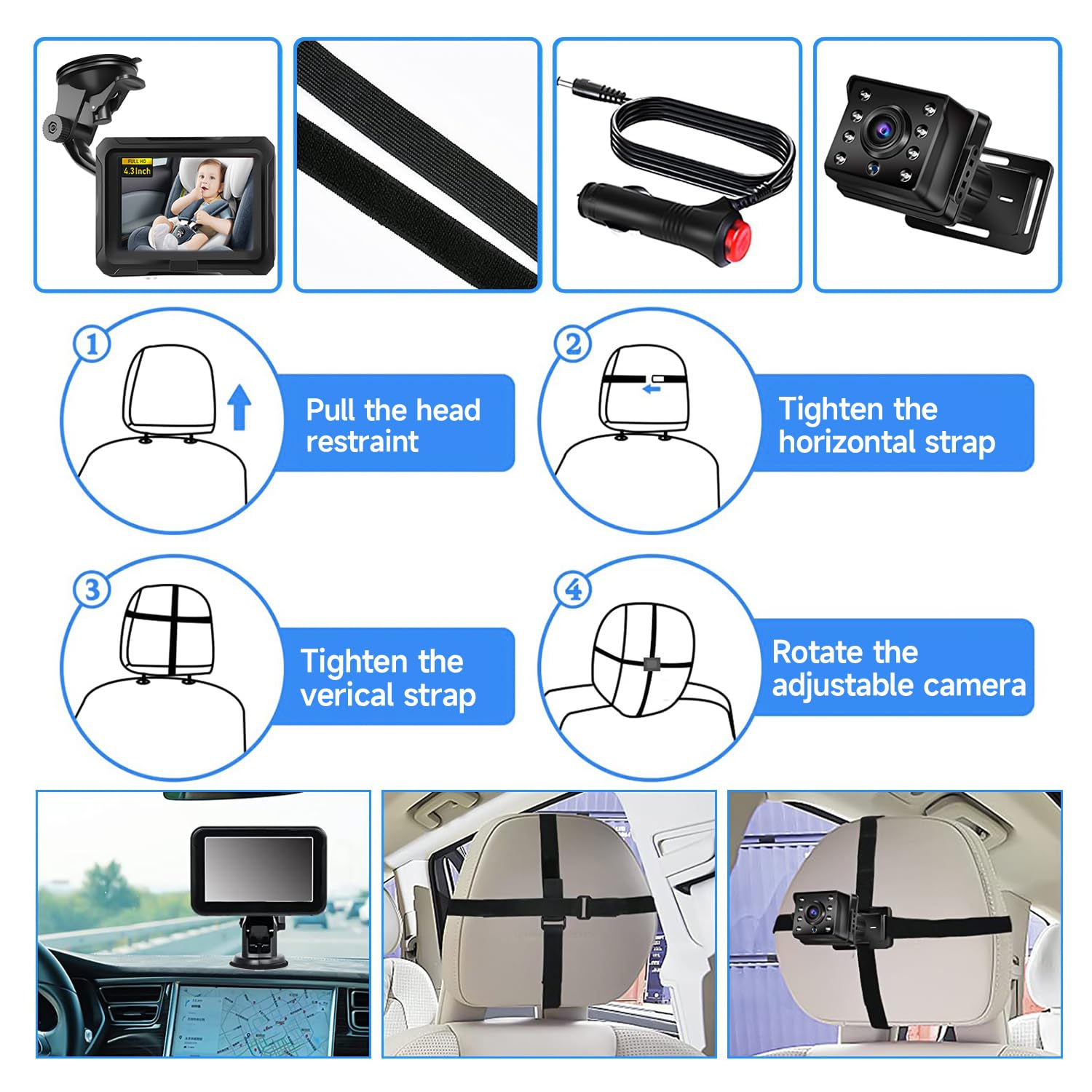 Baby Car Camera, Baby Car Mirror, 4.3" HD 1080P, 360 °Rotation Night Vision Baby Monitor with Camera, Rear Facing 5 Mins Easy Installation