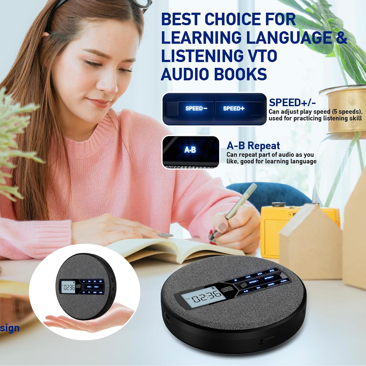 Lecteur CD portatif, lecteur CD rechargeable avec deux haut-parleurs et antisaut, CD, USB, AUX, écran LCD, lecteur CD pour la voiture