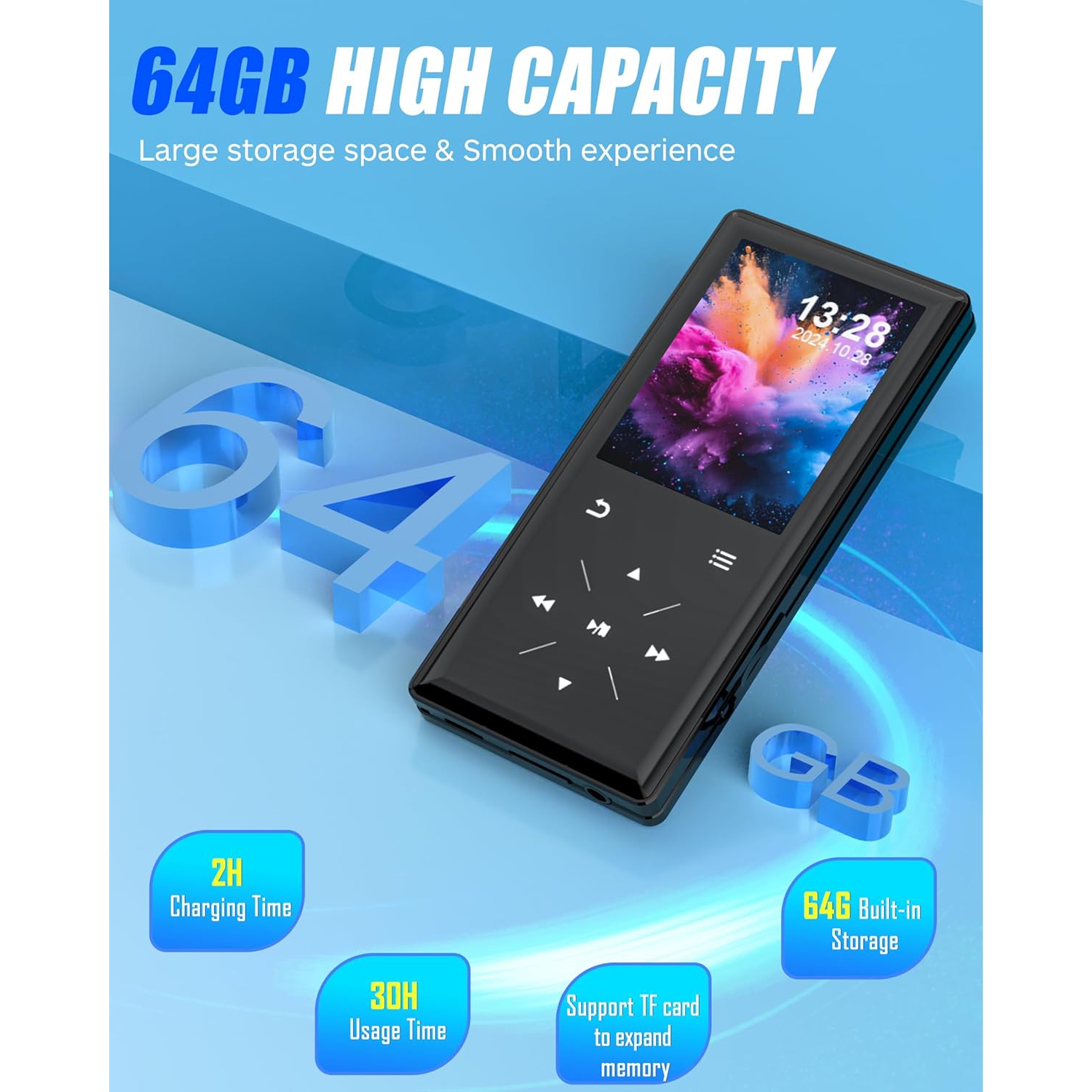 Lecteur MP3 Bluetooth de 64 Go, lecteur de musique portatif à écran de 2,4 po avec haut-parleur intégré, lecteur de musique MP3 avec