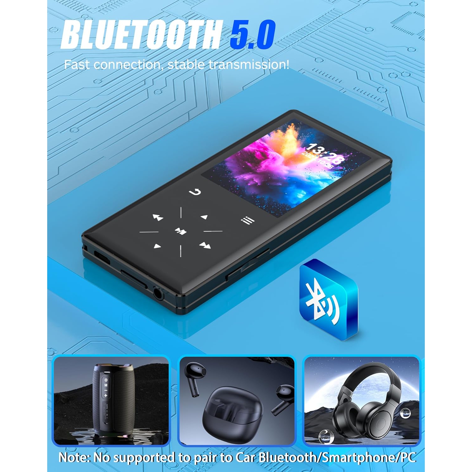 Lecteur MP3 Bluetooth de 64 Go, lecteur de musique portatif à écran de 2,4 po avec haut-parleur intégré, lecteur de musique MP3 avec
